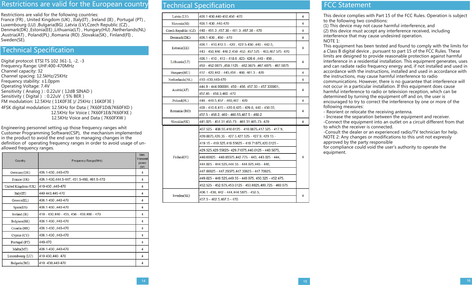 15Restrictions are valid for the following countries: France (FR) , United Kingdom (UK) , Italy(IT) , Ireland (IE) , Portugal (PT) ,  Luxembourg (LU) ,Bulgaria(BG) ,Latvia (LV),Czech Republic (CZ) ,  Denmark(DK) ,Estonia(EE) ,Lithuania(LT) , Hungary(HU) ,Netherlands(NL),Austria(AT) , Poland(PL) ,Romania (RO) ,Slovakia(SK) , Finland(FI) ,Sweden(SE).14Technical SpecificationRestrictions are valid for the European countryDigital protocol: ETSI TS 102 361-1, -2, -3Frequency Range: UHF:400-470MHz   Channel capacity: 32Channel spacing: 12.5kHz/25KHzFrequency stability: ±1.0ppmOperating Voltage: 7.4VSensitivity（Analog）: 0.22uV（12dB SINAD）Sensitivity（Digital） : 0.22uV （5% BER）FM modulation: 12.5KHz ( 11K0F3E )/ 25KHz ( 16K0F3E )4FSK digital modulation: 12.5KHz for Data ( 7K60F1D&amp;7K60FXD )12.5KHz for Voice ( 7K60F1E&amp;7K60FXE )12.5KHz Voice and Data ( 7K60FXW )Engineering personnel setting up those frequency ranges whit Customer Programming Software(CSP),  the mechanism implemented in the product to avoid the end user to managing changes in the definition of  operating frequency ranges in order to avoid usage of un-allowed frequency ranges. Technical Specification FCC StatementThis device complies with Part 15 of the FCC Rules. Operation is subject to the following two conditions:(1) This device may not cause harmful interference, and(2) this device must accept any interference received, including interference that may cause undesired operation.NOTE 1:This equipment has been tested and found to comply with the limits for a Class B digital device , pursuant to part 15 of the FCC Rules. These limits are designed to provide reasonable protection against harmful interference in a residential installation. This equipment generates, uses and can radiate radio frequency energy and, if not installed and used in accordance with the instructions, installed and used in accordance withthe instructions, may cause harmful interference to radio communications. However, there is no guarantee that interference will not occur in a particular installation. If this equipment does cause harmful interference to radio or television reception, which can be determined by turning the equipment off and on, the user is encouraged to try to correct the interference by one or more of the following measures:- Reorient or relocate the receiving antenna.- Increase the separation between the equipment and receiver.-Connect the equipment into an outlet on a circuit different from that to which the receiver is connected.-Consult the dealer or an experienced radio/TV technician for help.NOTE 2: Any changes or modifications to this unit not expressly approved by the party responsiblefor compliance could void the user&apos;s authority to operate the equipment.16