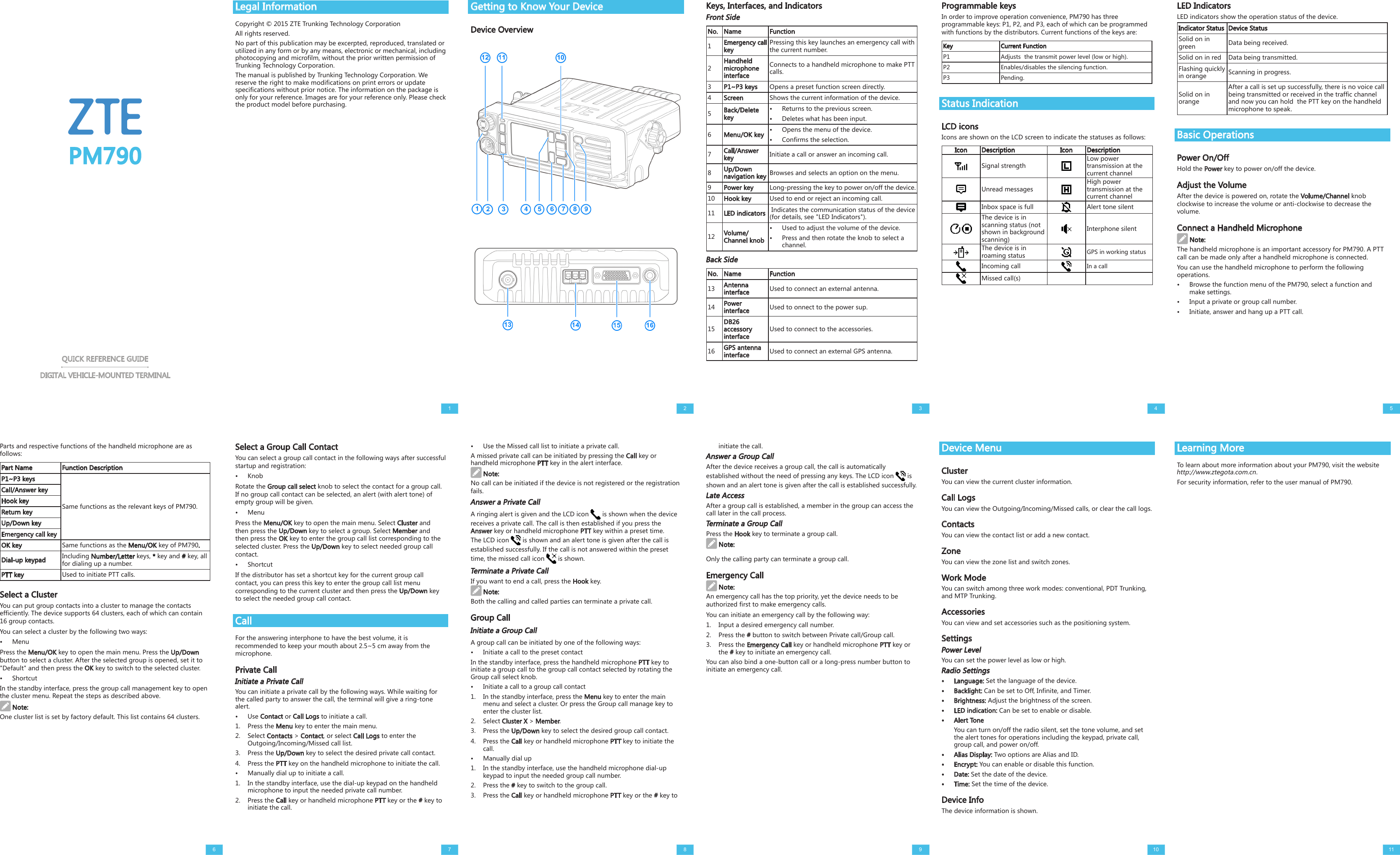 Legal InformationCopyright © 2015 ZTE Trunking Technology Corporation All rights reserved.No part of this publication may be excerpted, reproduced, translated or utilized in any form or by any means, electronic or mechanical, including photocopying and microfilm, without the prior written permission of Trunking Technology Corporation.The manual is published by Trunking Technology Corporation. We reserve the right to make modifications on print errors or update specifications without prior notice. The information on the package is only for your reference. Images are for your reference only. Please check the product model before purchasing.Keys, Interfaces, and IndicatorsFront SideNo. Name Function1Emergency call keyPressing this key launches an emergency call with the current number.2Handheld microphone interfaceConnects to a handheld microphone to make PTT calls. 3P1~P3 keys Opens a preset function screen directly.4Screen Shows the current information of the device.5Back/Delete key• Returns to the previous screen.• Deletes what has been input.6Menu/OK key • Opens the menu of the device.• Confirms the selection.7Call/Answer key Initiate a call or answer an incoming call.8Up/Down navigation key Browses and selects an option on the menu.9Power key Long-pressing the key to power on/off the device.10 Hook key Used to end or reject an incoming call.11 LED indicators  Indicates the communication status of the device (for details, see &quot;LED Indicators&quot;).12 Volume/Channel knob• Used to adjust the volume of the device.•  Press and then rotate the knob to select achannel.Back SideNo. Name Function13 Antenna interface Used to connect an external antenna.14 Power interface Used to onnect to the power sup.15DB26 accessory interfaceUsed to connect to the accessories.16 GPS antenna interface Used to connect an external GPS antenna.LED IndicatorsLED indicators show the operation status of the device.Indicator Status Device StatusSolid on in green Data being received.Solid on in red Data being transmitted.Flashing quickly in orange Scanning in progress.Solid on in orangeAfter a call is set up successfully, there is no voice call being transmitted or received in the traffic channel and now you can hold  the PTT key on the handheld microphone to speak.Basic OperationsPower On/OffHold the Power key to power on/off the device.Adjust the VolumeAfter the device is powered on, rotate the Volume/Channel knob  clockwise to increase the volume or anti-clockwise to decrease the volume.Connect a Handheld Microphone Note:The handheld microphone is an important accessory for PM790. A PTT call can be made only after a handheld microphone is connected.You can use the handheld microphone to perform the following operations.• Browse the function menu of the PM790, select a function andmake settings.• Input a private or group call number.• Initiate, answer and hang up a PTT call.Getting to Know Your DeviceDevice OverviewQUICK REFERENCE GUIDEDIGITAL VEHICLE-MOUNTED TERMINALProgrammable keysIn order to improve operation convenience, PM790 has three programmable keys: P1, P2, and P3, each of which can be programmed with functions by the distributors. Current functions of the keys are:Key Current FunctionP1 Adjusts  the transmit power level (low or high).P2 Enables/disables the silencing function.P3 Pending.Status IndicationLCD iconsIcons are shown on the LCD screen to indicate the statuses as follows: Icon Description Icon DescriptionSignal strengthLow power transmission at the current channelUnread messagesHigh power transmission at the current channelInbox space is full Alert tone silentThe device is in scanning status (not shown in background scanning)Interphone silentThe device is in roaming status GPS in working statusIncoming call In a callMissed call(s)Select a Group Call ContactYou can select a group call contact in the following ways after successful startup and registration:•  KnobRotate the Group call select knob to select the contact for a group call. If no group call contact can be selected, an alert (with alert tone) of empty group will be given. •  MenuPress the Menu/OK key to open the main menu. Select Cluster and then press the Up/Down key to select a group. Select Member and then press the OK key to enter the group call list corresponding to the selected cluster. Press the Up/Down key to select needed group call contact. •  ShortcutIf the distributor has set a shortcut key for the current group call contact, you can press this key to enter the group call list menu corresponding to the current cluster and then press the Up/Down key to select the needed group call contact.CallFor the answering interphone to have the best volume, it is recommended to keep your mouth about 2.5~5 cm away from the microphone.Private CallInitiate a Private CallYou can initiate a private call by the following ways. While waiting for the called party to answer the call, the terminal will give a ring-tone alert. •  Use Contact or Call Logs to initiate a call.1.  Press the Menu key to enter the main menu.2.  Select Contacts &gt; Contact, or select Call Logs to enter theOutgoing/Incoming/Missed call list.3. Press the Up/Down key to select the desired private call contact.4.  Press the PTT key on the handheld microphone to initiate the call.•  Manually dial up to initiate a call.1.  In the standby interface, use the dial-up keypad on the handheldmicrophone to input the needed private call number.2.  Press the Call key or handheld microphone PTT key or the # key toinitiate the call.Parts and respective functions of the handheld microphone are as follows:Part Name Function DescriptionP1~P3 keysSame functions as the relevant keys of PM790.Call/Answer keyHook keyReturn keyUp/Down keyEmergency call keyOK key Same functions as the Menu/OK key of PM790.Dial-up keypad Including Number/Letter keys, * key and # key, all for dialing up a number.PTT key Used to initiate PTT calls.Select a ClusterYou can put group contacts into a cluster to manage the contacts efficiently. The device supports 64 clusters, each of which can contain 16 group contacts. You can select a cluster by the following two ways: •  MenuPress the Menu/OK key to open the main menu. Press the Up/Down button to select a cluster. After the selected group is opened, set it to &quot;Default&quot; and then press the OK key to switch to the selected cluster.•  ShortcutIn the standby interface, press the group call management key to open the cluster menu. Repeat the steps as described above. Note:One cluster list is set by factory default. This list contains 64 clusters.•  Use the Missed call list to initiate a private call.A missed private call can be initiated by pressing the Call key or handheld microphone PTT key in the alert interface. Note:No call can be initiated if the device is not registered or the registration fails.Answer a Private CallA ringing alert is given and the LCD icon   is shown when the device receives a private call. The call is then established if you press the Answer key or handheld microphone PTT key within a preset time. The LCD icon   is shown and an alert tone is given after the call is established successfully. If the call is not answered within the preset time, the missed call icon   is shown. Terminate a Private CallIf you want to end a call, press the Hook key. Note:Both the calling and called parties can terminate a private call.Group CallInitiate a Group CallA group call can be initiated by one of the following ways: •  Initiate a call to the preset contactIn the standby interface, press the handheld microphone PTT key to initiate a group call to the group call contact selected by rotating the Group call select knob.•  Initiate a call to a group call contact1.  In the standby interface, press the Menu key to enter the mainmenu and select a cluster. Or press the Group call manage key toenter the cluster list.2.  Select Cluster X &gt; Member.3. Press the Up/Down key to select the desired group call contact.4.  Press the Call key or handheld microphone PTT key to initiate thecall.• Manually dial up1.  In the standby interface, use the handheld microphone dial-upkeypad to input the needed group call number.2.  Press the # key to switch to the group call.3.  Press the Call key or handheld microphone PTT key or the # key toinitiate the call. Answer a Group CallAfter the device receives a group call, the call is automatically established without the need of pressing any keys. The LCD icon   is shown and an alert tone is given after the call is established successfully.Late AccessAfter a group call is established, a member in the group can access the call later in the call process.Terminate a Group CallPress the Hook key to terminate a group call. Note:Only the calling party can terminate a group call.Emergency Call Note:An emergency call has the top priority, yet the device needs to be authorized first to make emergency calls. You can initiate an emergency call by the following way:1.  Input a desired emergency call number.2. Press the # button to switch between Private call/Group call.3. Press the Emergency Call key or handheld microphone PTT key orthe # key to initiate an emergency call.You can also bind a one-button call or a long-press number button to initiate an emergency call.Device MenuClusterYou can view the current cluster information. Call LogsYou can view the Outgoing/Incoming/Missed calls, or clear the call logs.ContactsYou can view the contact list or add a new contact. ZoneYou can view the zone list and switch zones.Work ModeYou can switch among three work modes: conventional, PDT Trunking, and MTP Trunking.AccessoriesYou can view and set accessories such as the positioning system.SettingsPower LevelYou can set the power level as low or high.Radio Settings•  Language: Set the language of the device.•  Backlight: Can be set to Off, Infinite, and Timer.•  Brightness: Adjust the brightness of the screen.• LED indication: Can be set to enable or disable.•  Alert ToneYou can turn on/off the radio silent, set the tone volume, and setthe alert tones for operations including the keypad, private call,group call, and power on/off.•  Alias Display: Two options are Alias and ID.•  Encrypt: You can enable or disable this function.• Date: Set the date of the device.• Time: Set the time of the device.Device InfoThe device information is shown.PM7901 2 3 4 56 7 8 9 10Learning MoreTo learn about more information about your PM790, visit the website http://www.ztegota.com.cn. For security information, refer to the user manual of PM790.11