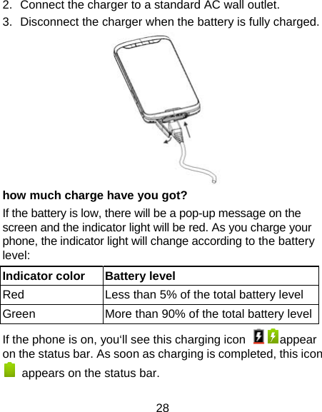 28 2.  Connect the charger to a standard AC wall outlet. 3.  Disconnect the charger when the battery is fully charged.  how much charge have you got?     If the battery is low, there will be a pop-up message on the screen and the indicator light will be red. As you charge your phone, the indicator light will change according to the battery level: Indicator color  Battery level Red    Less than 5% of the total battery level Green  More than 90% of the total battery levelIf the phone is on, you‘ll see this charging icon  appear on the status bar. As soon as charging is completed, this icon   appears on the status bar. 
