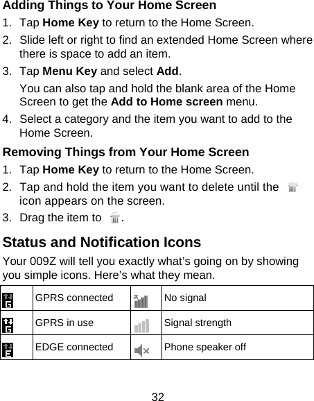 32 Adding Things to Your Home Screen 1. Tap Home Key to return to the Home Screen. 2.  Slide left or right to find an extended Home Screen where there is space to add an item. 3. Tap Menu Key and select Add. You can also tap and hold the blank area of the Home Screen to get the Add to Home screen menu. 4.  Select a category and the item you want to add to the Home Screen. Removing Things from Your Home Screen 1. Tap Home Key to return to the Home Screen. 2.  Tap and hold the item you want to delete until the   icon appears on the screen. 3.  Drag the item to  . Status and Notification Icons Your 009Z will tell you exactly what’s going on by showing you simple icons. Here’s what they mean.  GPRS connected  No signal  GPRS in use  Signal strength  EDGE connected  Phone speaker off 