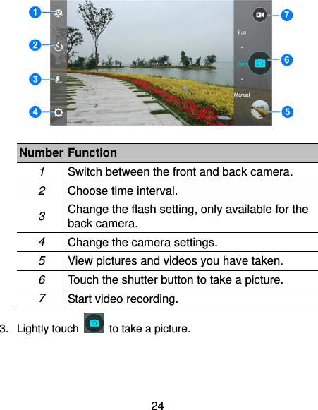  24   Number Function 1 Switch between the front and back camera. 2 Choose time interval. 3 Change the flash setting, only available for the back camera. 4 Change the camera settings. 5 View pictures and videos you have taken. 6 Touch the shutter button to take a picture. 7 Start video recording. 3.  Lightly touch    to take a picture.  
