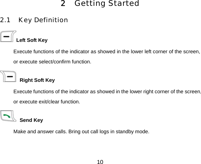 10 2  Getting Started 2.1 Key Definition Left Soft Key Execute functions of the indicator as showed in the lower left corner of the screen, or execute select/confirm function.  Right Soft Key Execute functions of the indicator as showed in the lower right corner of the screen, or execute exit/clear function.  Send Key Make and answer calls. Bring out call logs in standby mode. 