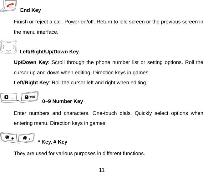 11  End Key Finish or reject a call. Power on/off. Return to idle screen or the previous screen in the menu interface.  Left/Right/Up/Down Key Up/Down Key: Scroll through the phone number list or setting options. Roll the cursor up and down when editing. Direction keys in games. Left/Right Key: Roll the cursor left and right when editing.   ~  0~9 Number Key Enter numbers and characters. One-touch dials. Quickly select options when entering menu. Direction keys in games.  * Key, # Key They are used for various purposes in different functions. 