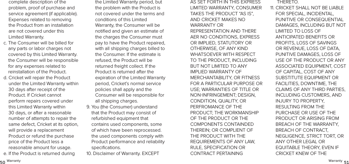Warranty 5150 WarrantyAS SET FORTH IN THIS EXPRESS LIMITED WARRANTY, CONSUMER  TAKES THE PRODUCT “AS IS”, AND CRICKET MAKES NO  WARRANTY OR  REPRESENTATION AND THERE AER NO CONDITIONS, EXPRESS OR IMPLIED, STATUTORY OR OTHERWISE, OF ANY KIND WHATSOEVER WITH RESPECT TO THE PRODUCT, INCLUDING  BUT NOT LIMITED TO ANY  IMPLIED WARRANTY OF  MERCHANTABILITY, OR FITNESS FOR A PARTICULAR PURPOSE OR USE; WARRANTIES OF TITLE OR NONINFRINGEMENT; DESIGN,  CONDITION, QUALITY, OR  PERFROMANCE OF THE  PRODUCT; THE WORKMANSHIP OF THE PRODUCT OR THE  COMPONENTS CONTAINDED THEREIN; OR COMPLIENT OF THE PRODUCT WITH THE REQUIREMENTS OF ANY LAW, RULE, SPECIFICATION OR  CONTRACT PERTAINING THERETO.11.  CRICKET SHALL NOT BE LIABLE  FOR SPECIAL, INCIDENTAL,  PUNITIVE OR CONSEQUENTIAL DAMAGES, INCLUDING BUT NOT LIMITED TO LOSS OF  ANTICIPATED BENEFITS OR PROFITS, LOSS OF SAVINGS OR REVENUE, LOSS OF DATA, PUNITIVE DAMAGES, LOSS OF USE OF THE PRODUCT OR ANY ASSOCIATED EQUIPMENT, COST OF CAPITAL, COST OF ANY  SUBSTITUTE EQUIPMENT OR  FACILITIES, DOWNTIME, THE CLAIMS OF ANY THIRD PARTIES, INCLUDING CUSTOMERS, AND  INJURY TO PROPERTY,  RESULTING FROM THE  PURCHASE OR USE OF THE PRODUCT OR ARISING FROM BREACH OF THE WARRANTY,  BREACH OF CONTRACT,  NEGLIGENCE, STRICT TORT, OR ANY OTHER LEGAL OR  EQUITABLE THEORY, EVEN IF CRICKET KNEW OF THE  complete description of the  problem, proof of purchase and service agreement (if applicable). Expenses related to removing the Product from an installation  are not covered under this  Limited Warranty.c.  The Consumer will be billed for any parts or labor charges not covered by this Limited Warranty. the Consumer will be responsible  for any expenses related to  reinstallation of the Product.d.  Cricket will repair the Product  under the Limited Warranty within  30 days after receipt of the  Product. If Cricket cannot  perform repairs covered under this Limited Warranty within 30 days, or after a reasonable number of attempts to repair the same defect, Cricket at its option, will provide a replacement  Product or refund the purchase price of the Product less a  reasonable amount for usage. e.  If the Product is returned during the Limited Warranty period, but the problem with the Product is not covered under the terms and conditions of this Limited  Warranty, the Consumer will be notiﬁed and given an estimate of the charges the Consumer must pay to have the Product repaired, with all shipping charges billed to the Consumer. If the estimate is refused, the Product will be  returned freight collect. If the Product is returned after the  expiration of the Limited Warranty period, Cricket’s normal service  policies shall apply and the  Consumer will be responsible for all shipping charges.9.  You (the Consumer) understand that the Product may consist of  refurbished equipment that  contains used components, some of which have been reprocessed. the used components comply with Product performance and reliability speciﬁcations. 10.  Disclaimer of Warranty. EXCEPT 