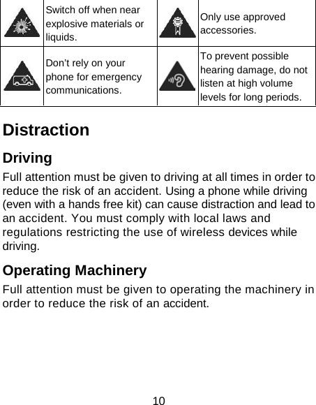 10  Switch off when near explosive materials or liquids.  Only use approved accessories.  Don’t rely on your phone for emergency communications.  To prevent possible hearing damage, do not listen at high volume levels for long periods. Distraction Driving Full attention must be given to driving at all times in order to reduce the risk of an accident. Using a phone while driving (even with a hands free kit) can cause distraction and lead to an accident. You must comply with local laws and regulations restricting the use of wireless devices while driving. Operating Machinery Full attention must be given to operating the machinery in order to reduce the risk of an accident. 