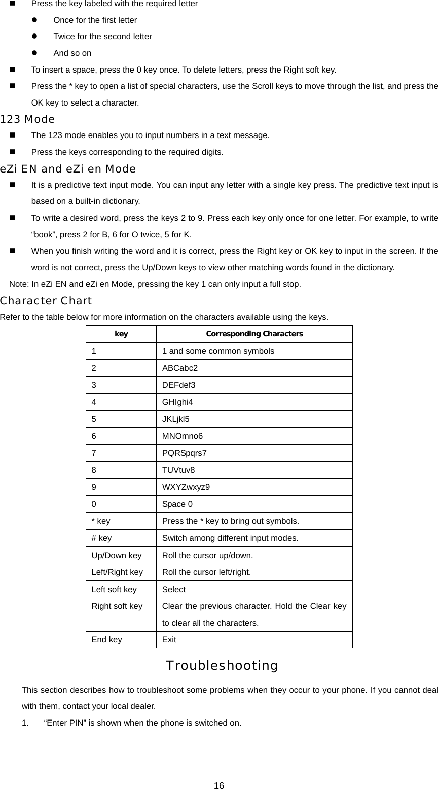 16   Press the key labeled with the required letter z  Once for the first letter z  Twice for the second letter z  And so on   To insert a space, press the 0 key once. To delete letters, press the Right soft key.     Press the * key to open a list of special characters, use the Scroll keys to move through the list, and press the OK key to select a character. 123 Mode   The 123 mode enables you to input numbers in a text message.   Press the keys corresponding to the required digits. eZi EN and eZi en Mode   It is a predictive text input mode. You can input any letter with a single key press. The predictive text input is based on a built-in dictionary.   To write a desired word, press the keys 2 to 9. Press each key only once for one letter. For example, to write “book”, press 2 for B, 6 for O twice, 5 for K.   When you finish writing the word and it is correct, press the Right key or OK key to input in the screen. If the word is not correct, press the Up/Down keys to view other matching words found in the dictionary. Note: In eZi EN and eZi en Mode, pressing the key 1 can only input a full stop. Character Chart Refer to the table below for more information on the characters available using the keys. key Corresponding Characters 1  1 and some common symbols 2 ABCabc2 3 DEFdef3 4 GHIghi4 5 JKLjkl5 6 MNOmno6 7 PQRSpqrs7 8 TUVtuv8 9 WXYZwxyz9 0 Space 0 * key  Press the * key to bring out symbols.   # key  Switch among different input modes. Up/Down key  Roll the cursor up/down. Left/Right key  Roll the cursor left/right. Left soft key  Select Right soft key  Clear the previous character. Hold the Clear key to clear all the characters. End key  Exit  Troubleshooting This section describes how to troubleshoot some problems when they occur to your phone. If you cannot deal with them, contact your local dealer. 1.  “Enter PIN” is shown when the phone is switched on. 