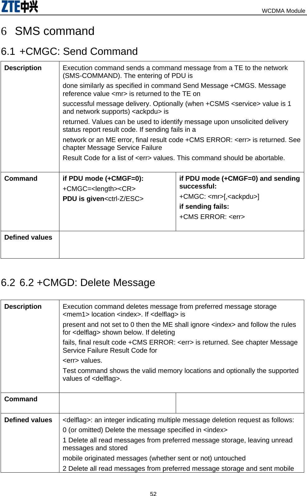                                                                            WCDMA Module  526 SMS command  6.1 +CMGC: Send Command Description  Execution command sends a command message from a TE to the network (SMS-COMMAND). The entering of PDU is done similarly as specified in command Send Message +CMGS. Message reference value &lt;mr&gt; is returned to the TE on successful message delivery. Optionally (when +CSMS &lt;service&gt; value is 1 and network supports) &lt;ackpdu&gt; is returned. Values can be used to identify message upon unsolicited delivery status report result code. If sending fails in a network or an ME error, final result code +CMS ERROR: &lt;err&gt; is returned. See chapter Message Service Failure Result Code for a list of &lt;err&gt; values. This command should be abortable.  Command  if PDU mode (+CMGF=0): +CMGC=&lt;length&gt;&lt;CR&gt; PDU is given&lt;ctrl-Z/ESC&gt;  if PDU mode (+CMGF=0) and sending successful: +CMGC: &lt;mr&gt;[,&lt;ackpdu&gt;] if sending fails: +CMS ERROR: &lt;err&gt;  Defined values    6.2 6.2 +CMGD: Delete Message  Description  Execution command deletes message from preferred message storage &lt;mem1&gt; location &lt;index&gt;. If &lt;delflag&gt; is present and not set to 0 then the ME shall ignore &lt;index&gt; and follow the rules for &lt;delflag&gt; shown below. If deleting fails, final result code +CMS ERROR: &lt;err&gt; is returned. See chapter Message Service Failure Result Code for &lt;err&gt; values. Test command shows the valid memory locations and optionally the supported values of &lt;delflag&gt;.  Command    Defined values  &lt;delflag&gt;: an integer indicating multiple message deletion request as follows: 0 (or omitted) Delete the message specified in &lt;index&gt; 1 Delete all read messages from preferred message storage, leaving unread messages and stored mobile originated messages (whether sent or not) untouched 2 Delete all read messages from preferred message storage and sent mobile 