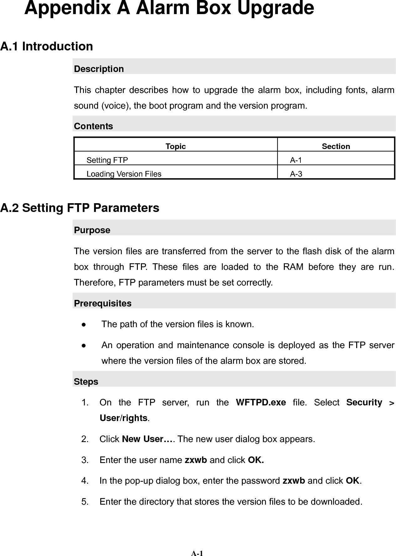   A-1Appendix A Alarm Box Upgrade A.1 Introduction Description This chapter describes how to upgrade the alarm box, including fonts, alarm sound (voice), the boot program and the version program. Contents Topic Section Setting FTP    A-1 Loading Version Files  A-3 A.2 Setting FTP Parameters Purpose The version files are transferred from the server to the flash disk of the alarm box through FTP. These files are loaded to the RAM before they are run. Therefore, FTP parameters must be set correctly. Prerequisites   The path of the version files is known.   An operation and maintenance console is deployed as the FTP server where the version files of the alarm box are stored. Steps 1.  On the FTP server, run the WFTPD.exe file. Select Security &gt; User/rights. 2. Click New User…. The new user dialog box appears. 3.  Enter the user name zxwb and click OK. 4.  In the pop-up dialog box, enter the password zxwb and click OK. 5.  Enter the directory that stores the version files to be downloaded. 