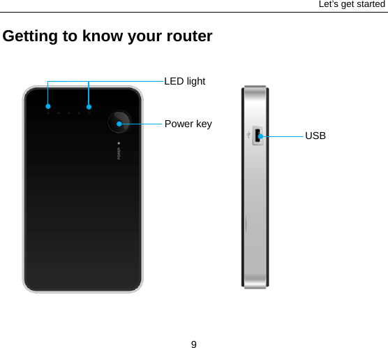 Let’s get started 9 Getting to know your router                 Power key USB LED light 