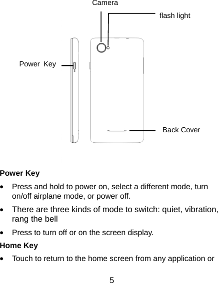  5          Power Key • Press and hold to power on, select a different mode, turn on/off airplane mode, or power off. •  There are three kinds of mode to switch: quiet, vibration, rang the bell   • Press to turn off or on the screen display. Home Key • Touch to return to the home screen from any application or Power KeyBack Cover Cameraflash light   