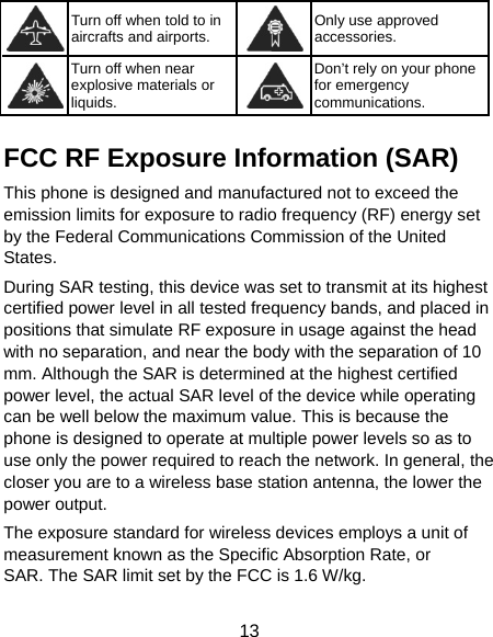  13  Turn off when told to in aircrafts and airports.  Only use approved accessories.  Turn off when near explosive materials or liquids. Don’t rely on your phone for emergency communications.  FCC RF Exposure Information (SAR) This phone is designed and manufactured not to exceed the emission limits for exposure to radio frequency (RF) energy set by the Federal Communications Commission of the United States.  During SAR testing, this device was set to transmit at its highest certified power level in all tested frequency bands, and placed in positions that simulate RF exposure in usage against the head with no separation, and near the body with the separation of 10 mm. Although the SAR is determined at the highest certified power level, the actual SAR level of the device while operating can be well below the maximum value. This is because the phone is designed to operate at multiple power levels so as to use only the power required to reach the network. In general, the closer you are to a wireless base station antenna, the lower the power output. The exposure standard for wireless devices employs a unit of measurement known as the Specific Absorption Rate, or SAR. The SAR limit set by the FCC is 1.6 W/kg.    