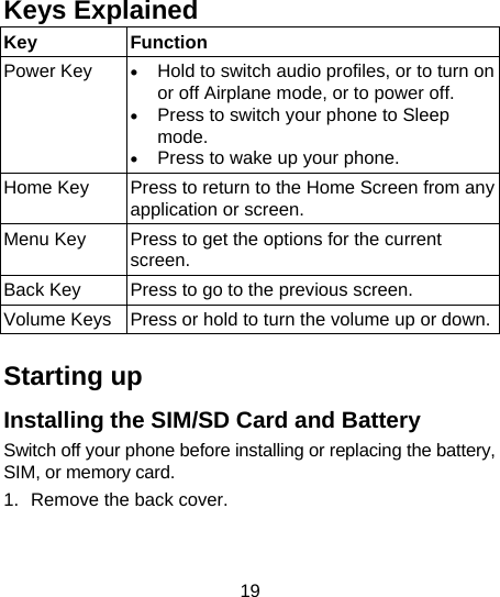 19      Keys Explained   Key Function Power Key  • Hold to switch audio profiles, or to turn on or off Airplane mode, or to power off. • Press to switch your phone to Sleep mode. • Press to wake up your phone. Home Key  Press to return to the Home Screen from any application or screen. Menu Key  Press to get the options for the current screen. Back Key  Press to go to the previous screen. Volume Keys  Press or hold to turn the volume up or down. Starting up Installing the SIM/SD Card and Battery Switch off your phone before installing or replacing the battery, SIM, or memory card.   1.  Remove the back cover. 