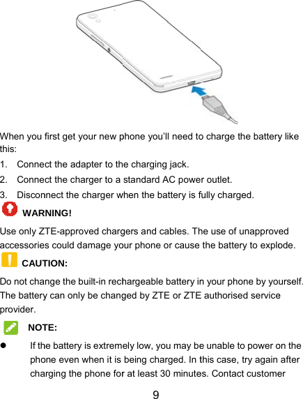 When you this: 1. Conne2. Conne3. DisconWARUse only Zaccessorie CAUTDo not chaThe batteryprovider. NOT If thphochafirst get your new pct the adapter to thct the charger to a nnect the charger wRNING!  TE-approved chargs could damage yoTION:  nge the built-in rechy can only be changTE: he battery is extremone even when it is arging the phone for 9 phone you’ll need toe charging jack. standard AC powewhen the battery is fgers and cables. Thour phone or cause hargeable battery inged by ZTE or ZTEely low, you may bebeing charged. In tr at least 30 minute o charge the batteryr outlet. fully charged. he use of unapprovthe battery to explon your phone by yoE authorised servicee unable to power othis case, try again es. Contact customey like ed ode. urself. e on the after er 