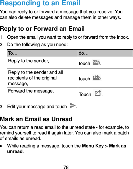  78 Responding to an Email You can reply to or forward a message that you receive. You can also delete messages and manage them in other ways. Reply to or Forward an Email 1.  Open the email you want to reply to or forward from the Inbox. 2.  Do the following as you need:   To… do… Reply to the sender, touch  . Reply to the sender and all recipients of the original message, touch  . Forward the message, Touch  . 3.  Edit your message and touch  . Mark an Email as Unread You can return a read email to the unread state - for example, to remind yourself to read it again later. You can also mark a batch of emails as unread.  While reading a message, touch the Menu Key &gt; Mark as unread. 