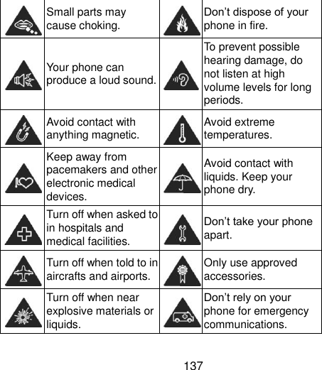  137  Small parts may cause choking.  Don‟t dispose of your phone in fire.  Your phone can produce a loud sound.  To prevent possible hearing damage, do not listen at high volume levels for long periods.  Avoid contact with anything magnetic.  Avoid extreme temperatures.  Keep away from pacemakers and other electronic medical devices.  Avoid contact with liquids. Keep your phone dry.  Turn off when asked to in hospitals and medical facilities.  Don‟t take your phone apart.  Turn off when told to in aircrafts and airports.  Only use approved accessories.  Turn off when near explosive materials or liquids.  Don‟t rely on your phone for emergency communications.   