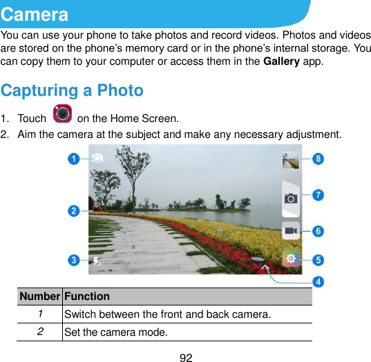  92 Camera You can use your phone to take photos and record videos. Photos and videos are stored on the phone‟s memory card or in the phone‟s internal storage. You can copy them to your computer or access them in the Gallery app. Capturing a Photo 1.  Touch    on the Home Screen. 2.  Aim the camera at the subject and make any necessary adjustment.  Number Function 1 Switch between the front and back camera. 2 Set the camera mode. 