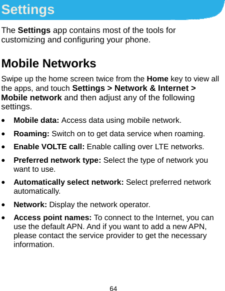 Page 65 of ZTE BLADEV10M LTE/WCDMA/GSM (GPRS) Multi-Mode Digital Mobile Phone User Manual 