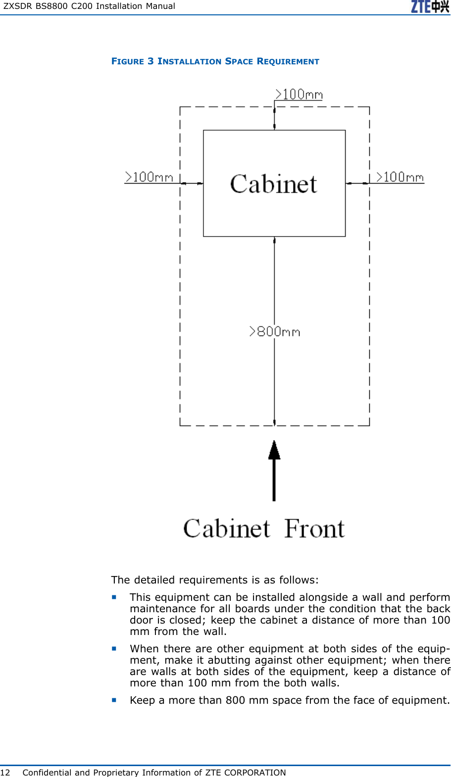 ZXSDRBS8800C200InstallationManualFIGURE3INSTALLATIONSPACEREQUIREMENTThedetailedrequirementsisasfollows:�Thisequipmentcanbeinstalledalongsideawallandperformmaintenanceforallboardsundertheconditionthatthebackdoorisclosed;keepthecabinetadistanceofmorethan100mmfromthewall.�Whenthereareotherequipmentatbothsidesoftheequip-ment,makeitabuttingagainstotherequipment;whentherearewallsatbothsidesoftheequipment,keepadistanceofmorethan100mmfromthebothwalls.�Keepamorethan800mmspacefromthefaceofequipment.12ConfidentialandProprietaryInformationofZTECORPORATION