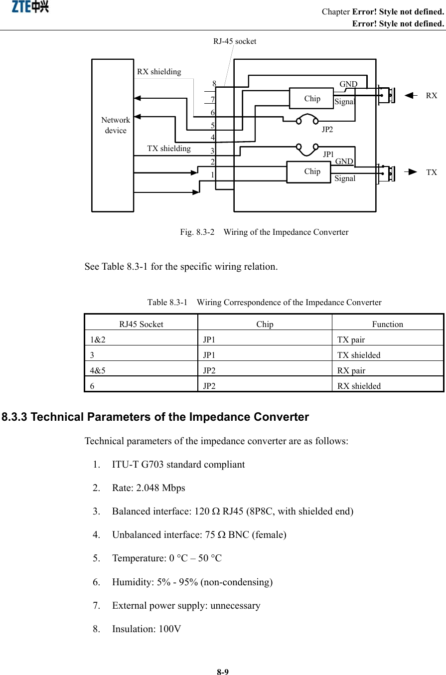                                                               Chapter Error! Style not defined.  Error! Style not defined.  8-9ChipChipNetwork device21435RJ-45 socketRX shielding876JP1GNDSignalJP2SignalGNDTXRXTX shielding Fig. 8.3-2    Wiring of the Impedance Converter   See Table 8.3-1 for the specific wiring relation. Table 8.3-1    Wiring Correspondence of the Impedance Converter RJ45 Socket  Chip  Function 1&amp;2 JP1  TX pair 3 JP1  TX shielded 4&amp;5 JP2  RX pair 6 JP2  RX shielded 8.3.3 Technical Parameters of the Impedance Converter Technical parameters of the impedance converter are as follows: 1.  ITU-T G703 standard compliant 2.  Rate: 2.048 Mbps 3. Balanced interface: 120 Ω RJ45 (8P8C, with shielded end) 4.  Unbalanced interface: 75 Ω BNC (female) 5.  Temperature: 0 °C – 50 °C 6.  Humidity: 5% - 95% (non-condensing) 7.  External power supply: unnecessary 8. Insulation: 100V   