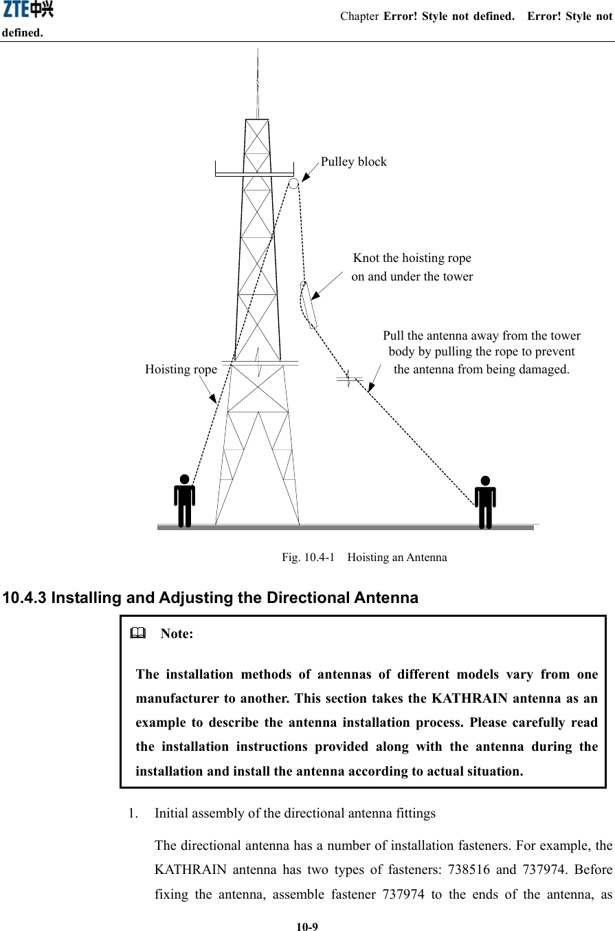                                                Chapter Error! Style not defined.  Error! Style not defined.  10-9Pulley blockHoisting ropeKnot the hoisting rope on and under the towerPull the antenna away from the tower body by pulling the rope to prevent the antenna from being damaged. Fig. 10.4-1  Hoisting an Antenna 10.4.3 Installing and Adjusting the Directional Antenna   Note: The installation methods of antennas of different models vary from one manufacturer to another. This section takes the KATHRAIN antenna as an example to describe the antenna installation process. Please carefully read the installation instructions provided along with the antenna during the installation and install the antenna according to actual situation. 1.  Initial assembly of the directional antenna fittings The directional antenna has a number of installation fasteners. For example, the KATHRAIN antenna has two types of fasteners: 738516 and 737974. Before fixing the antenna, assemble fastener 737974 to the ends of the antenna, as 