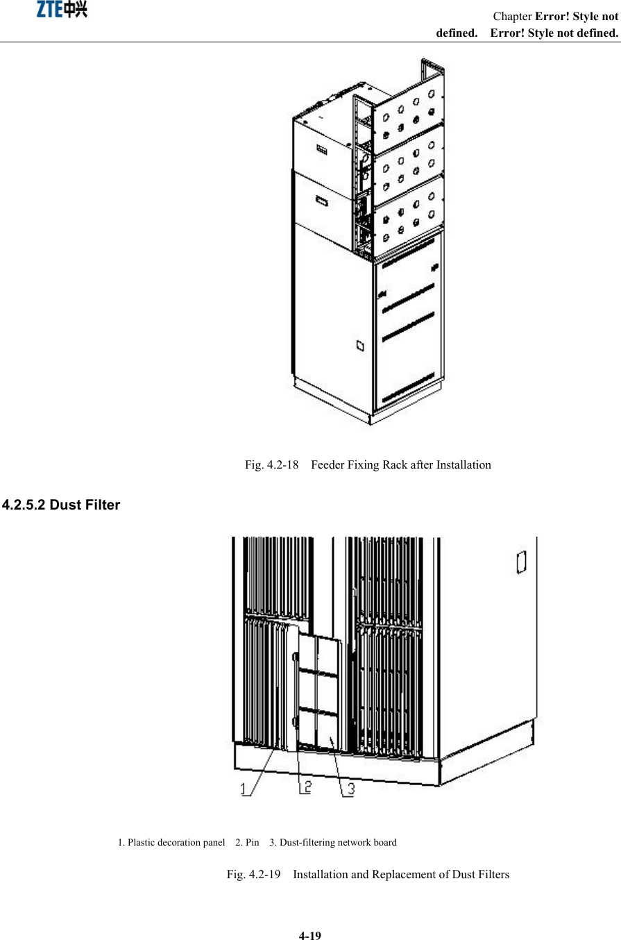                                                                   Chapter Error! Style not defined.  Error! Style not defined.  4-19 Fig. 4.2-18    Feeder Fixing Rack after Installation 4.2.5.2 Dust Filter  1. Plastic decoration panel    2. Pin    3. Dust-filtering network board Fig. 4.2-19    Installation and Replacement of Dust Filters   
