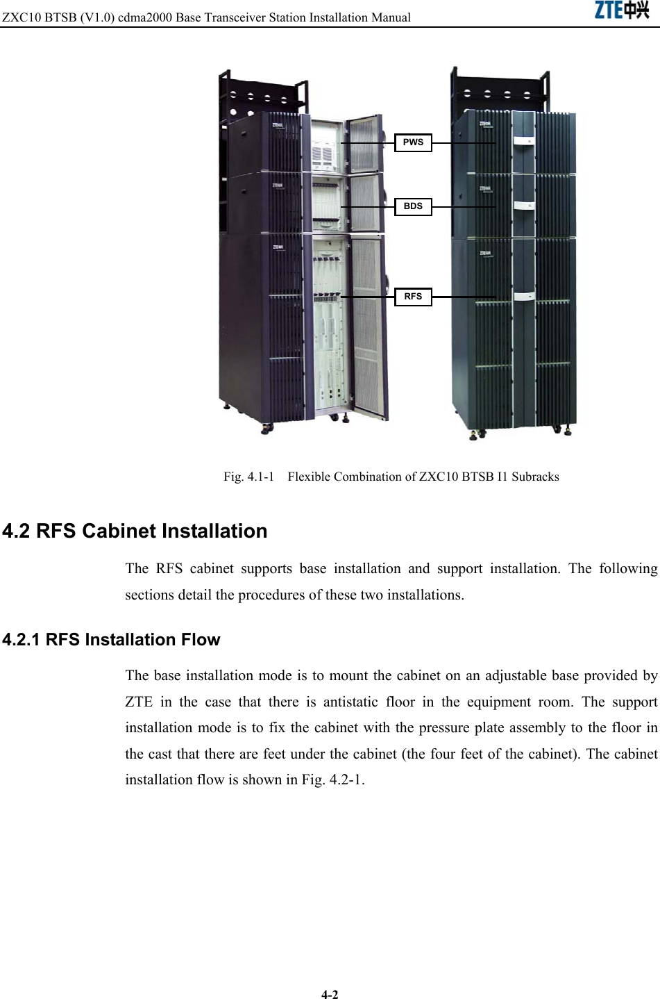 ZXC10 BTSB (V1.0) cdma2000 Base Transceiver Station Installation Manual                               4-2PWSBDSRFS Fig. 4.1-1    Flexible Combination of ZXC10 BTSB I1 Subracks   4.2 RFS Cabinet Installation The RFS cabinet supports base installation and support installation. The following sections detail the procedures of these two installations.   4.2.1 RFS Installation Flow The base installation mode is to mount the cabinet on an adjustable base provided by ZTE in the case that there is antistatic floor in the equipment room. The support installation mode is to fix the cabinet with the pressure plate assembly to the floor in the cast that there are feet under the cabinet (the four feet of the cabinet). The cabinet installation flow is shown in Fig. 4.2-1. 