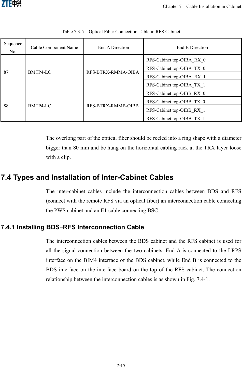                                                            Chapter 7  Cable Installation in Cabinet  7-17Table 7.3-5    Optical Fiber Connection Table in RFS Cabinet Sequence No.  Cable Component Name  End A Direction  End B Direction RFS-Cabinet top-OIBA_RX_0 RFS-Cabinet top-OIBA_TX_0   RFS-Cabinet top-OIBA_RX_1 87 BMTP4-LC  RFS-BTRX-RMMA-OIBARFS-Cabinet top-OIBA_TX_1   RFS-Cabinet top-OIBB_RX_0   RFS-Cabinet top-OIBB_TX_0   RFS-Cabinet top-OIBB_RX_1   88 BMTP4-LC  RFS-BTRX-RMMB-OIBBRFS-Cabinet top-OIBB_TX_1   The overlong part of the optical fiber should be reeled into a ring shape with a diameter bigger than 80 mm and be hung on the horizontal cabling rack at the TRX layer loose with a clip.   7.4 Types and Installation of Inter-Cabinet Cables The inter-cabinet cables include the interconnection cables between BDS and RFS (connect with the remote RFS via an optical fiber) an interconnection cable connecting the PWS cabinet and an E1 cable connecting BSC.   7.4.1 Installing BDS-RFS Interconnection Cable   The interconnection cables between the BDS cabinet and the RFS cabinet is used for all the signal connection between the two cabinets. End A is connected to the LRPS interface on the BIM4 interface of the BDS cabinet, while End B is connected to the BDS interface on the interface board on the top of the RFS cabinet. The connection relationship between the interconnection cables is as shown in Fig. 7.4-1.   