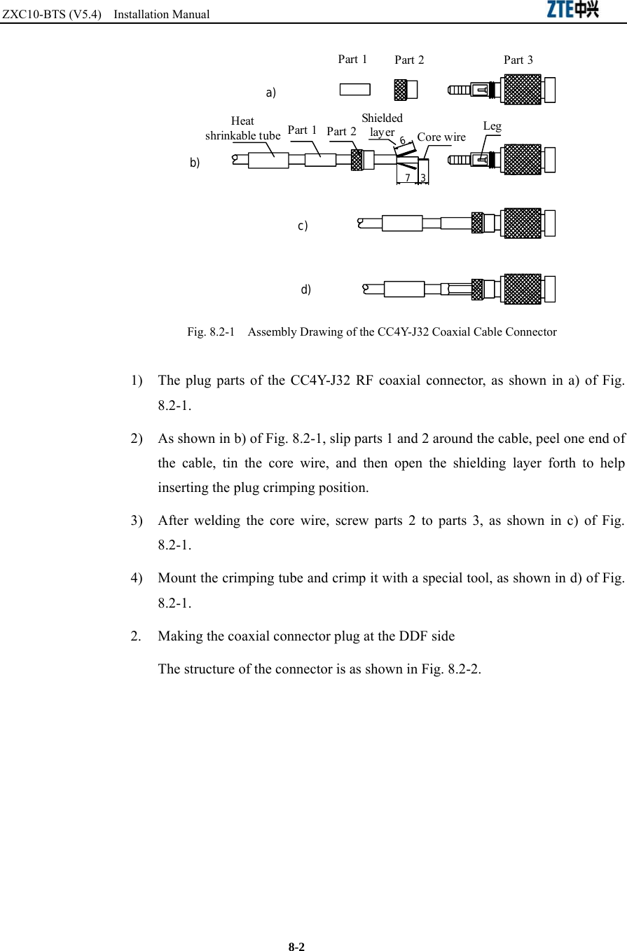 ZXC10-BTS (V5.4)  Installation Manual                                                          8-2 7 36ShieldedlayerPart 1d)c)b)a)Heatshrinkable tubePart 2 Part 3Part 1 Part 2 Core wireLeg Fig. 8.2-1    Assembly Drawing of the CC4Y-J32 Coaxial Cable Connector   1)  The plug parts of the CC4Y-J32 RF coaxial connector, as shown in a) of Fig. 8.2-1.  2)  As shown in b) of Fig. 8.2-1, slip parts 1 and 2 around the cable, peel one end of the cable, tin the core wire, and then open the shielding layer forth to help inserting the plug crimping position. 3)  After welding the core wire, screw parts 2 to parts 3, as shown in c) of Fig. 8.2-1.  4)  Mount the crimping tube and crimp it with a special tool, as shown in d) of Fig. 8.2-1.  2.  Making the coaxial connector plug at the DDF side The structure of the connector is as shown in Fig. 8.2-2. 