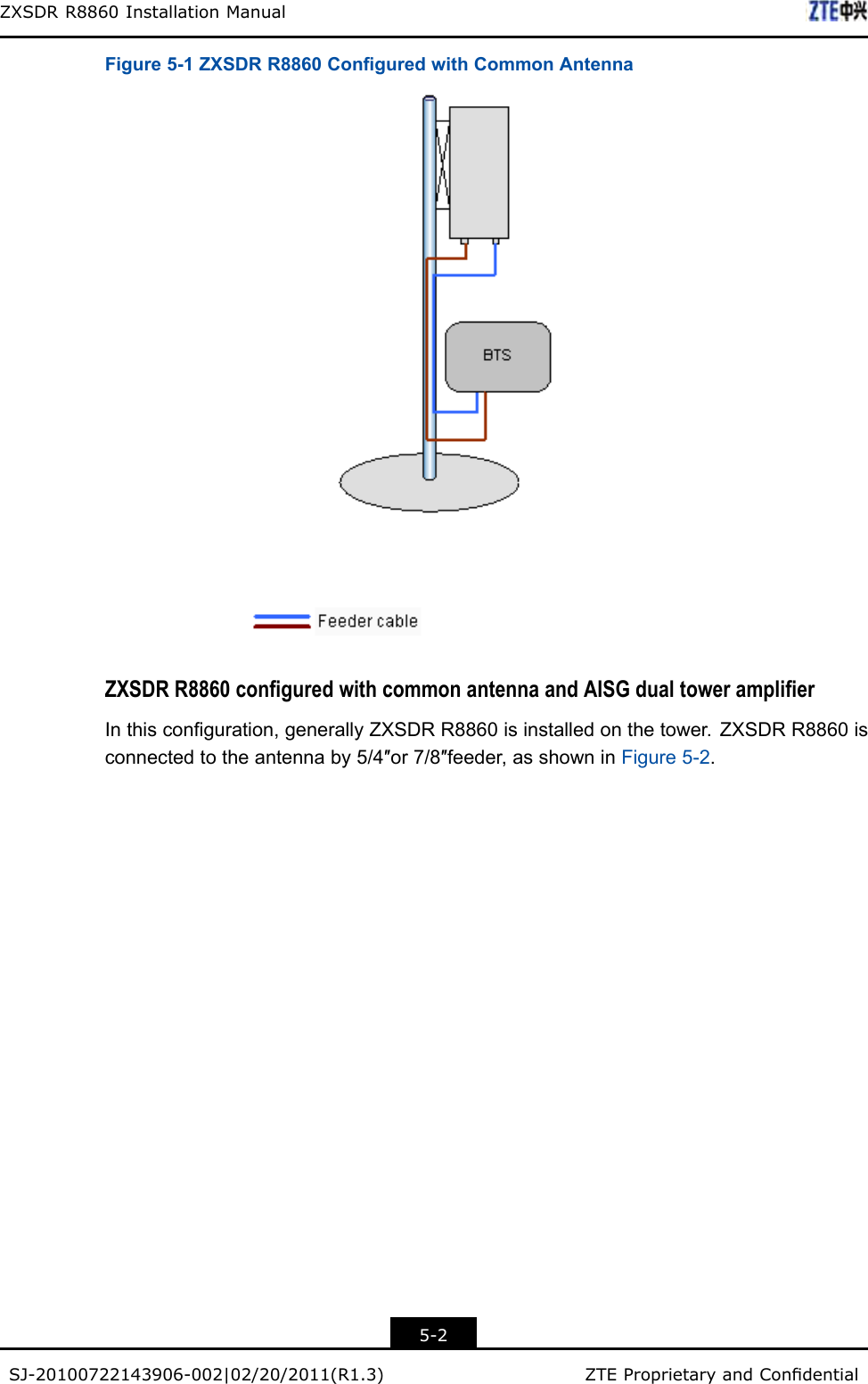 ZXSDRR8860InstallationManualFigure5-1ZXSDRR8860ConguredwithCommonAntennaZXSDRR8860conguredwithcommonantennaandAISGdualtoweramplierInthisconguration,generallyZXSDRR8860isinstalledonthetower.ZXSDRR8860isconnectedtotheantennaby5/4″or7/8″feeder,asshowninFigure5-2.5-2SJ-20100722143906-002|02/20/2011(R1.3)ZTEProprietaryandCondential