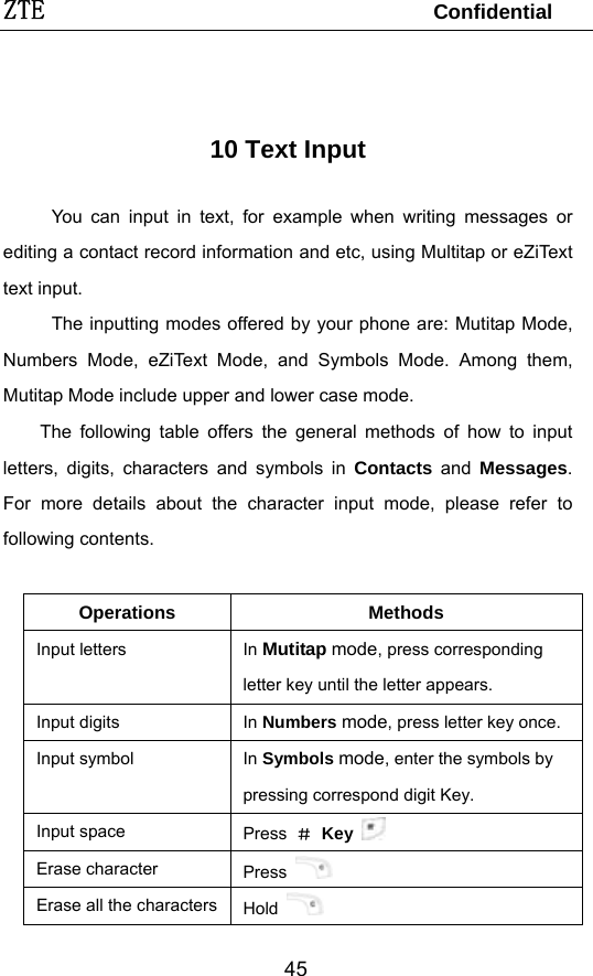 ZTE                                 Confidential  45 10 Text Input You can input in text, for example when writing messages or editing a contact record information and etc, using Multitap or eZiText text input. The inputting modes offered by your phone are: Mutitap Mode, Numbers Mode, eZiText Mode, and Symbols Mode. Among them, Mutitap Mode include upper and lower case mode. The following table offers the general methods of how to input letters, digits, characters and symbols in Contacts and Messages. For more details about the character input mode, please refer to following contents.  Operations Methods Input letters In Mutitap mode, press corresponding letter key until the letter appears. Input digits In Numbers mode, press letter key once. Input symbol In Symbols mode, enter the symbols by pressing correspond digit Key.  Input space Press  ＃ Key   Erase character  Press   Erase all the characters Hold   