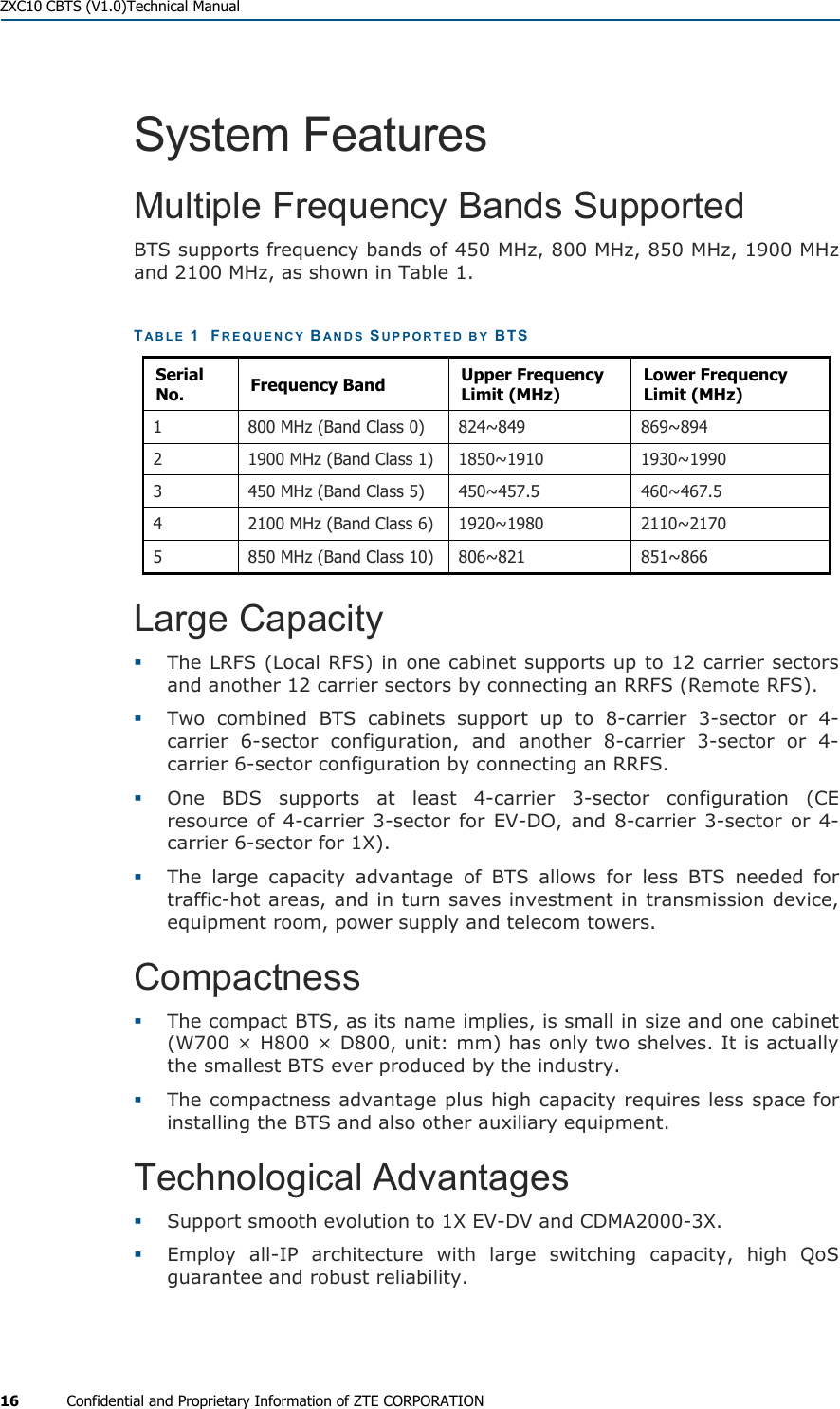  ZXC10 CBTS (V1.0)Technical Manual 16  Confidential and Proprietary Information of ZTE CORPORATION System Features Multiple Frequency Bands Supported BTS supports frequency bands of 450 MHz, 800 MHz, 850 MHz, 1900 MHz and 2100 MHz, as shown in Table 1. TABLE 1  FREQUENCY BANDS SUPPORTED BY BTS Serial No.  Frequency Band  Upper Frequency Limit (MHz) Lower Frequency Limit (MHz) 1  800 MHz (Band Class 0)  824~849  869~894 2  1900 MHz (Band Class 1)  1850~1910  1930~1990 3  450 MHz (Band Class 5)  450~457.5  460~467.5 4  2100 MHz (Band Class 6)  1920~1980  2110~2170 5  850 MHz (Band Class 10)  806~821  851~866 Large Capacity   The LRFS (Local RFS) in one cabinet supports up to 12 carrier sectors and another 12 carrier sectors by connecting an RRFS (Remote RFS).    Two combined BTS cabinets support up to 8-carrier 3-sector or 4-carrier 6-sector configuration, and another 8-carrier 3-sector or 4-carrier 6-sector configuration by connecting an RRFS.    One BDS supports at least 4-carrier 3-sector configuration (CE resource of 4-carrier 3-sector for EV-DO, and 8-carrier 3-sector or 4-carrier 6-sector for 1X).    The large capacity advantage of BTS allows for less BTS needed for traffic-hot areas, and in turn saves investment in transmission device, equipment room, power supply and telecom towers. Compactness   The compact BTS, as its name implies, is small in size and one cabinet (W700 × H800 × D800, unit: mm) has only two shelves. It is actually the smallest BTS ever produced by the industry.    The compactness advantage plus high capacity requires less space for installing the BTS and also other auxiliary equipment. Technological Advantages   Support smooth evolution to 1X EV-DV and CDMA2000-3X.   Employ all-IP architecture with large switching capacity, high QoS guarantee and robust reliability. 