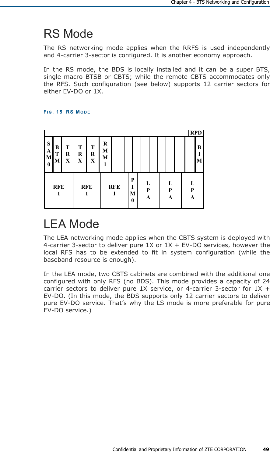   Chapter 4 - BTS Networking and Configuration Confidential and Proprietary Information of ZTE CORPORATION 49 RS Mode The RS networking mode applies when the RRFS is used independently and 4-carrier 3-sector is configured. It is another economy approach.  In the RS mode, the BDS is locally installed and it can be a super BTS, single macro BTSB or CBTS; while the remote CBTS accommodates only the RFS. Such configuration (see below) supports 12 carrier sectors for either EV-DO or 1X.  FIG. 15  RS MODE TRXTRXTRXRMM1RPDSAM0LPAPIM0LPALPARFE1RFE1RFE1BTMBIM LEA Mode The LEA networking mode applies when the CBTS system is deployed with 4-carrier 3-sector to deliver pure 1X or 1X + EV-DO services, however the local RFS has to be extended to fit in system configuration (while the baseband resource is enough).  In the LEA mode, two CBTS cabinets are combined with the additional one configured with only RFS (no BDS). This mode provides a capacity of 24 carrier sectors to deliver pure 1X service, or 4-carrier 3-sector for 1X + EV-DO. (In this mode, the BDS supports only 12 carrier sectors to deliver pure EV-DO service. That’s why the LS mode is more preferable for pure EV-DO service.) 