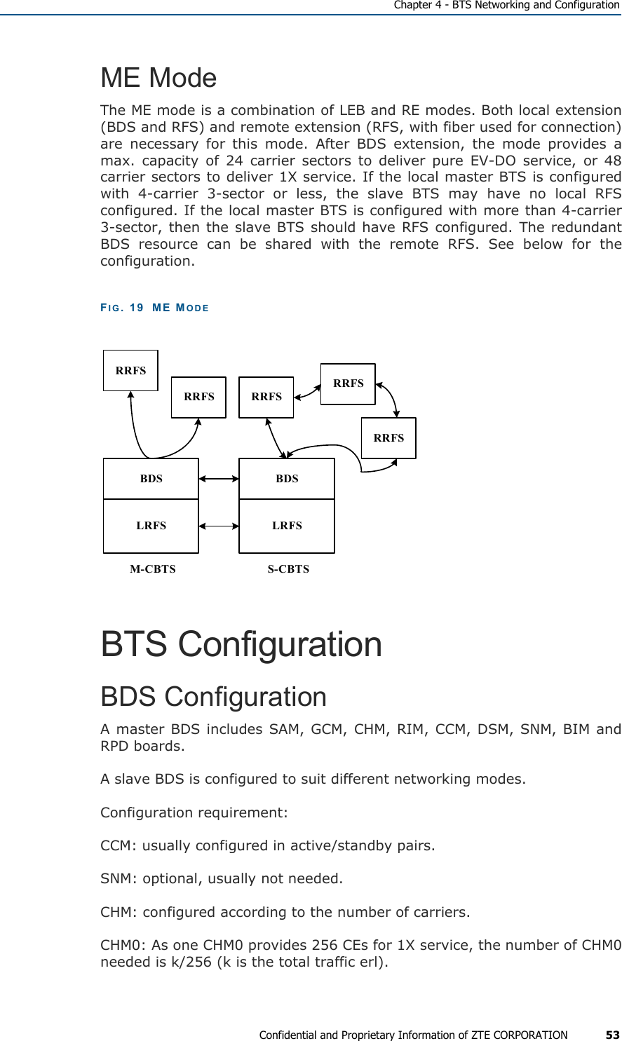   Chapter 4 - BTS Networking and Configuration Confidential and Proprietary Information of ZTE CORPORATION 53 ME Mode The ME mode is a combination of LEB and RE modes. Both local extension (BDS and RFS) and remote extension (RFS, with fiber used for connection) are necessary for this mode. After BDS extension, the mode provides a max. capacity of 24 carrier sectors to deliver pure EV-DO service, or 48 carrier sectors to deliver 1X service. If the local master BTS is configured with 4-carrier 3-sector or less, the slave BTS may have no local RFS configured. If the local master BTS is configured with more than 4-carrier 3-sector, then the slave BTS should have RFS configured. The redundant BDS resource can be shared with the remote RFS. See below for the configuration.  FIG. 19  ME MODE BDSLRFSBDSLRFSRRFSRRFSRRFSRRFSRRFSM-CBTS S-CBTS BTS Configuration BDS Configuration A master BDS includes SAM, GCM, CHM, RIM, CCM, DSM, SNM, BIM and RPD boards. A slave BDS is configured to suit different networking modes.  Configuration requirement:  CCM: usually configured in active/standby pairs.  SNM: optional, usually not needed.  CHM: configured according to the number of carriers.  CHM0: As one CHM0 provides 256 CEs for 1X service, the number of CHM0 needed is k/256 (k is the total traffic erl).  