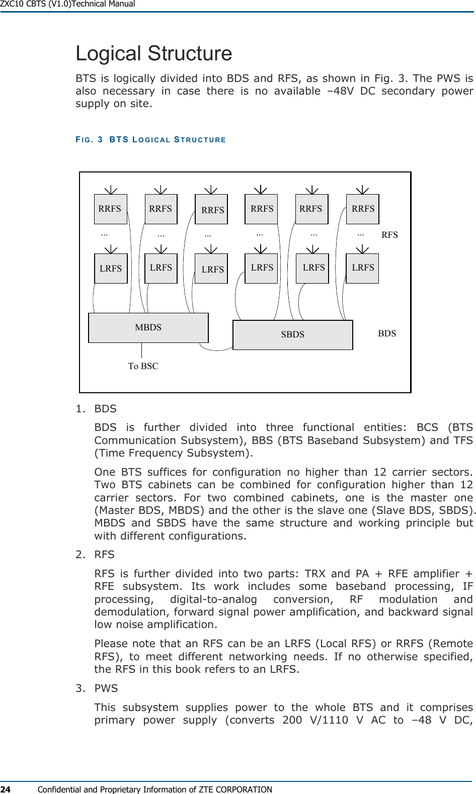 ZXC10 CBTS (V1.0)Technical Manual 24  Confidential and Proprietary Information of ZTE CORPORATION Logical Structure BTS is logically divided into BDS and RFS, as shown in Fig. 3. The PWS is also necessary in case there is no available –48V DC secondary power supply on site.  FIG. 3  BTS LOGICAL STRUCTURE SBDSTo BSCRFSBDSMBDSRRFSLRFSSBDSLRFS LRFS LRFS LRFS LRFSRRFS RRFS RRFS RRFS RRFS...... ... ... ... ...MBDS SBDSRRFSRRFS 1. BDS BDS is further divided into three functional entities: BCS (BTS Communication Subsystem), BBS (BTS Baseband Subsystem) and TFS (Time Frequency Subsystem).  One BTS suffices for configuration no higher than 12 carrier sectors. Two BTS cabinets can be combined for configuration higher than 12 carrier sectors. For two combined cabinets, one is the master one (Master BDS, MBDS) and the other is the slave one (Slave BDS, SBDS). MBDS and SBDS have the same structure and working principle but with different configurations.  2. RFS RFS is further divided into two parts: TRX and PA + RFE amplifier + RFE subsystem. Its work includes some baseband processing, IF processing, digital-to-analog conversion, RF modulation and demodulation, forward signal power amplification, and backward signal low noise amplification.  Please note that an RFS can be an LRFS (Local RFS) or RRFS (Remote RFS), to meet different networking needs. If no otherwise specified, the RFS in this book refers to an LRFS.  3. PWS This subsystem supplies power to the whole BTS and it comprises primary power supply (converts 200 V/1110 V AC to –48 V DC, 