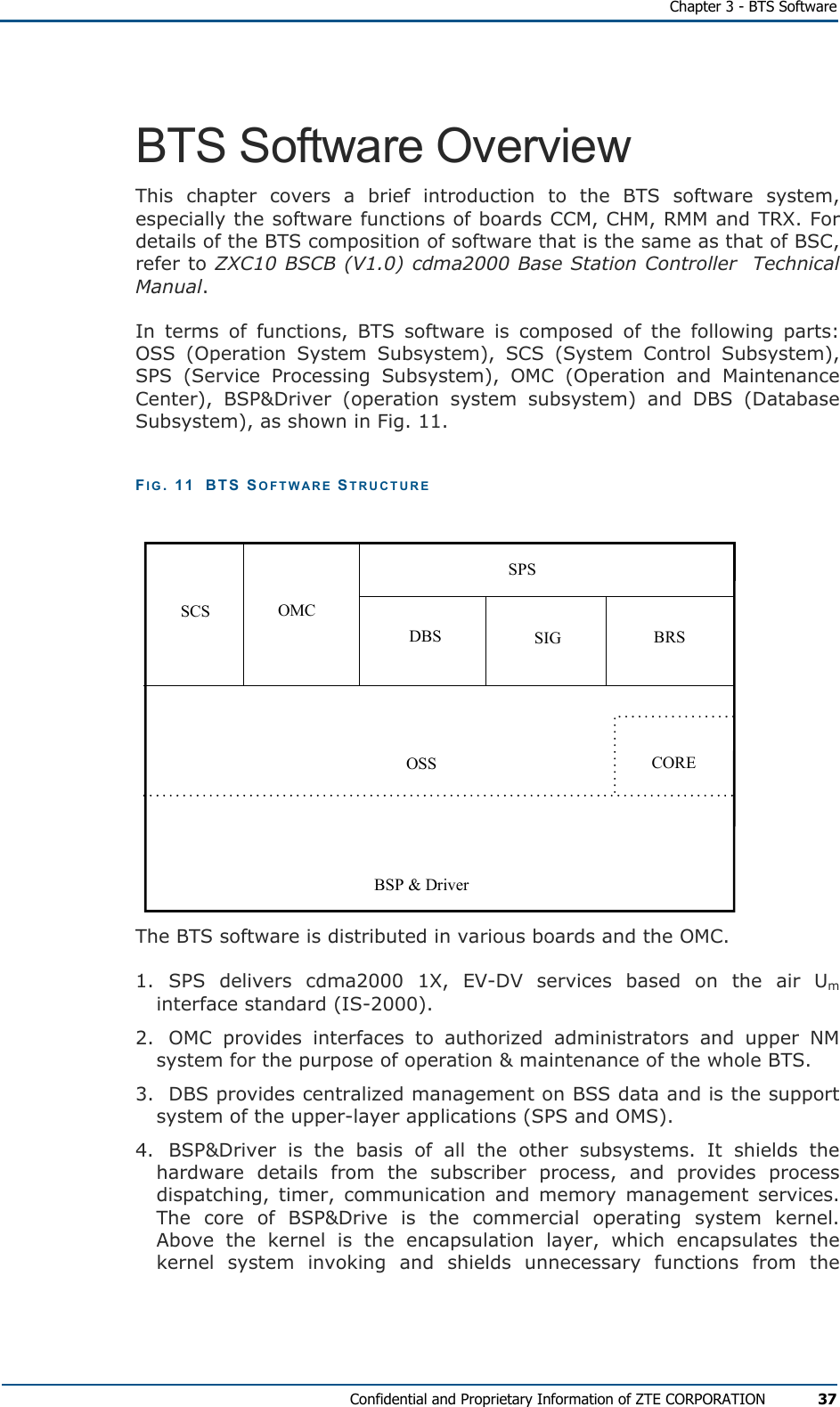   Chapter 3 - BTS Software Confidential and Proprietary Information of ZTE CORPORATION 37 BTS Software Overview This chapter covers a brief introduction to the BTS software system, especially the software functions of boards CCM, CHM, RMM and TRX. For details of the BTS composition of software that is the same as that of BSC, refer to ZXC10 BSCB (V1.0) cdma2000 Base Station Controller  Technical Manual. In terms of functions, BTS software is composed of the following parts: OSS (Operation System Subsystem), SCS (System Control Subsystem), SPS (Service Processing Subsystem), OMC (Operation and Maintenance Center), BSP&amp;Driver (operation system subsystem) and DBS (Database Subsystem), as shown in Fig. 11. FIG. 11  BTS SOFTWARE STRUCTURE  SCS OMCDBS SIG BRSSPSOSS COREBSP &amp; Driver The BTS software is distributed in various boards and the OMC.  1. SPS delivers cdma2000 1X, EV-DV services based on the air Um interface standard (IS-2000). 2.  OMC provides interfaces to authorized administrators and upper NM system for the purpose of operation &amp; maintenance of the whole BTS. 3.  DBS provides centralized management on BSS data and is the support system of the upper-layer applications (SPS and OMS). 4.  BSP&amp;Driver is the basis of all the other subsystems. It shields the hardware details from the subscriber process, and provides process dispatching, timer, communication and memory management services. The core of BSP&amp;Drive is the commercial operating system kernel. Above the kernel is the encapsulation layer, which encapsulates the kernel system invoking and shields unnecessary functions from the 