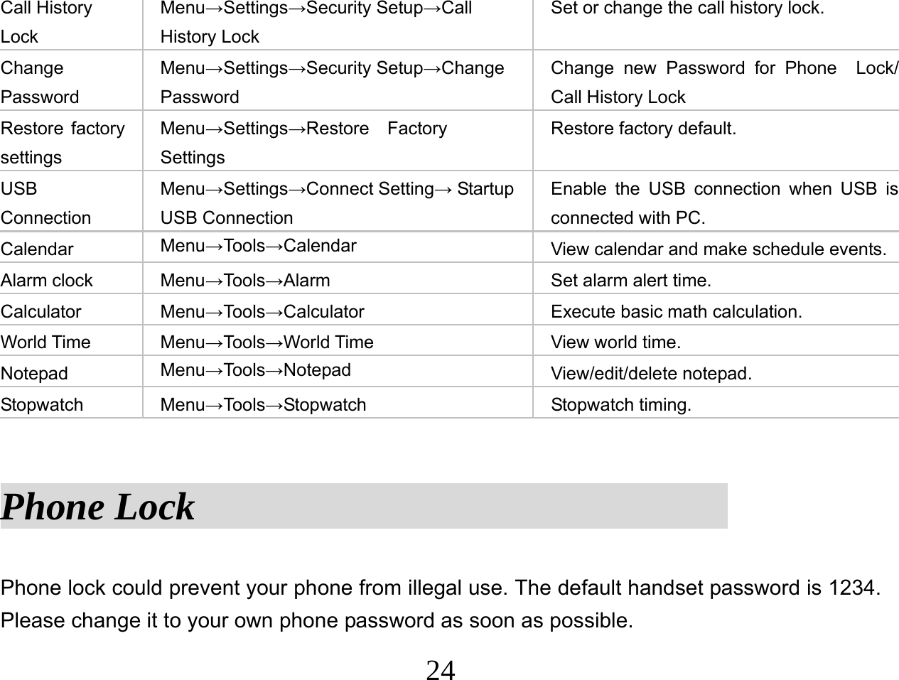  24Call History Lock Menu→Settings→Security Setup→Call History Lock Set or change the call history lock. Change Password Menu→Settings→Security Setup→Change Password Change new Password for Phone  Lock/ Call History Lock Restore factory settings Menu→Settings→Restore  Factory Settings Restore factory default. USB Connection Menu→Settings→Connect Setting→ Startup USB Connection Enable the USB connection when USB is connected with PC. Calendar  Menu→Tools→Calendar  View calendar and make schedule events. Alarm clock  Menu→Tools→Alarm  Set alarm alert time. Calculator Menu→Tools→Calculator  Execute basic math calculation. World Time  Menu→Tools→World Time  View world time. Notepad  Menu→Tools→Notepad  View/edit/delete notepad. Stopwatch Menu→Tools→Stopwatch Stopwatch timing.  Phone Lock                            Phone lock could prevent your phone from illegal use. The default handset password is 1234. Please change it to your own phone password as soon as possible. 