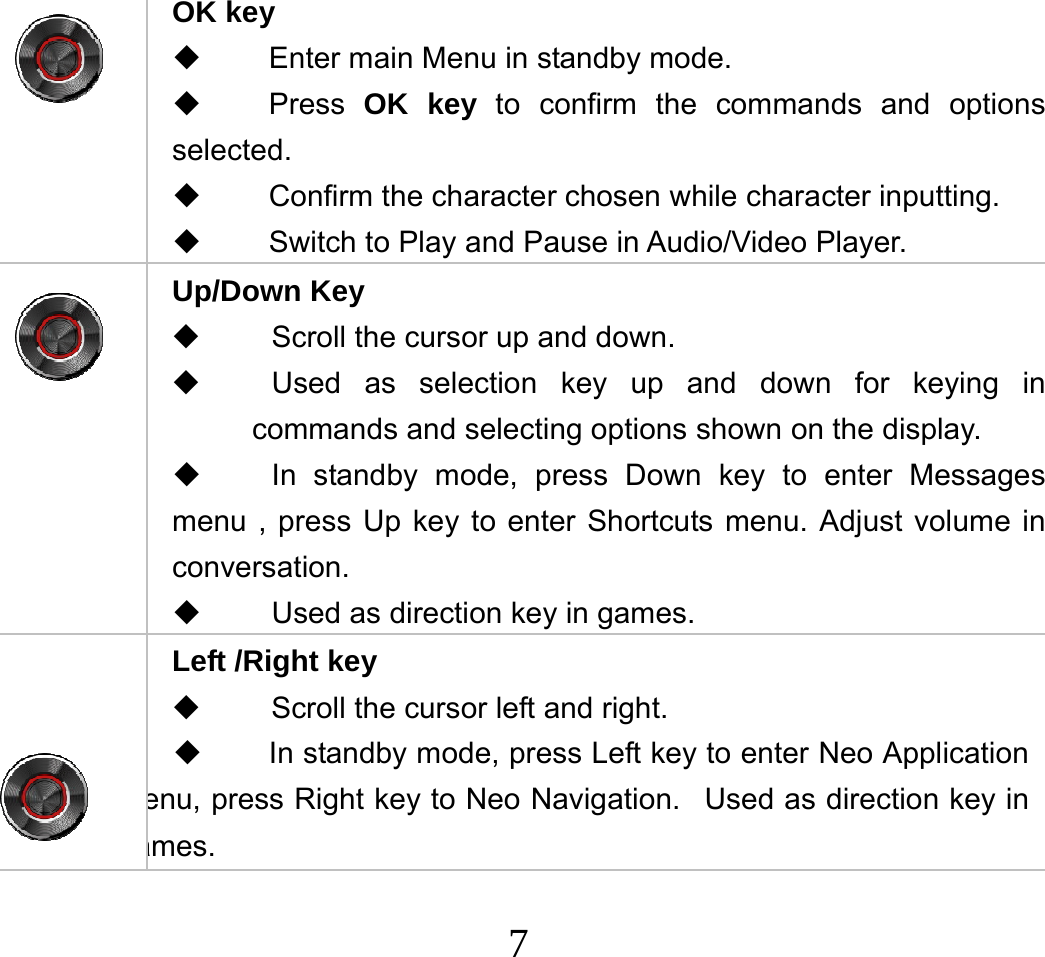  7 OK key   Enter main Menu in standby mode.  Press OK key to confirm the commands and options selected.   Confirm the character chosen while character inputting.   Switch to Play and Pause in Audio/Video Player.  Up/Down Key   Scroll the cursor up and down.   Used as selection key up and down for keying in commands and selecting options shown on the display.   In standby mode, press Down key to enter Messages menu , press Up key to enter Shortcuts menu. Adjust volume in conversation.   Used as direction key in games.   Left /Right key   Scroll the cursor left and right.   In standby mode, press Left key to enter Neo Application enu, press Right key to Neo Navigation. Used as direction key in ames. 