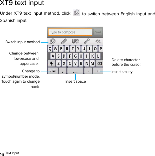  16 Tex t  In p ut  XT9 text input Under XT9 text input method, click    to switch between English input and Spanish input.            Switch input method Change to symbol/number mode. Touch again to change back.Delete character before the cursor. Insert smiley Insert space Change between lowercase and uppercase. 