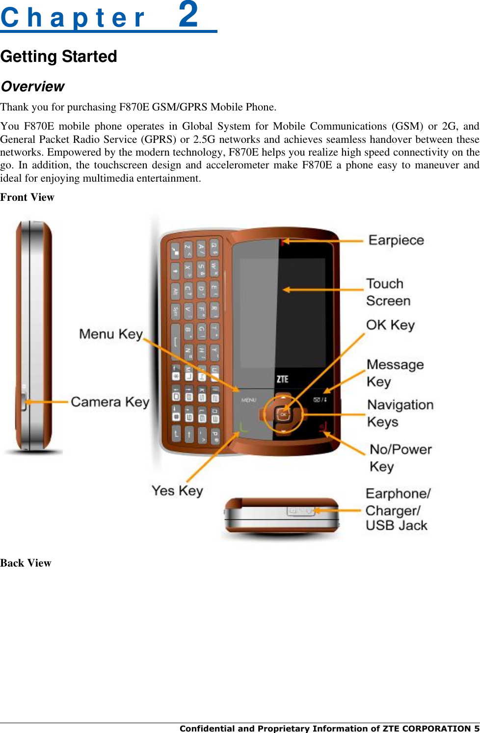  Confidential and Proprietary Information of ZTE CORPORATION 5    C h a p t e r    2   Getting Started Overview Thank you for purchasing F870E GSM/GPRS Mobile Phone. You  F870E  mobile  phone  operates  in  Global  System  for  Mobile  Communications  (GSM)  or  2G,  and General Packet Radio Service (GPRS) or 2.5G networks and achieves seamless handover between these networks. Empowered by the modern technology, F870E helps you realize high speed connectivity on the go. In addition, the touchscreen design and accelerometer  make F870E a phone easy to maneuver and ideal for enjoying multimedia entertainment. Front View  Back View 