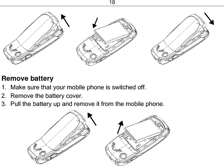 18  Remove battery 1.  Make sure that your mobile phone is switched off. 2.  Remove the battery cover. 3.  Pull the battery up and remove it from the mobile phone.                  