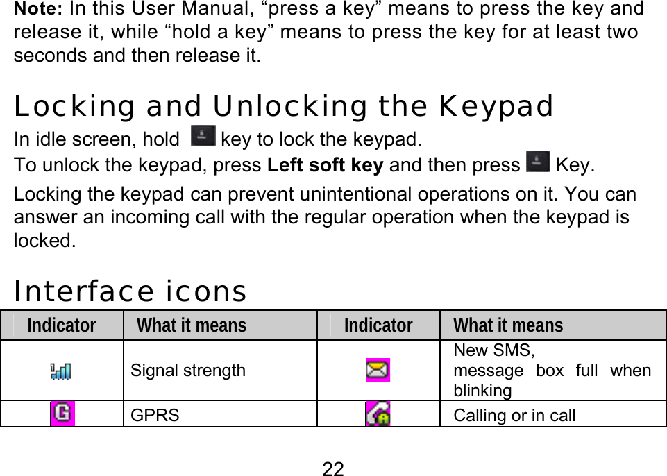  22 Note: In this User Manual, “press a key” means to press the key and release it, while “hold a key” means to press the key for at least two seconds and then release it.  Locking and Unlocking the Keypad In idle screen, hold    key to lock the keypad. To unlock the keypad, press Left soft key and then press   Key. Locking the keypad can prevent unintentional operations on it. You can answer an incoming call with the regular operation when the keypad is locked. Interface icons Indicator What it means Indicator What it means  Signal strength   New SMS, message box full when blinking      GPRS    Calling or in call 