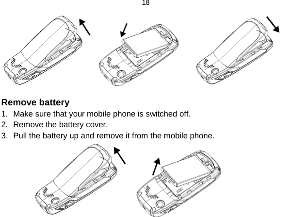 18  Remove battery 1. Make sure that your mobile phone is switched off. 2. Remove the battery cover. 3. Pull the battery up and remove it from the mobile phone.                  