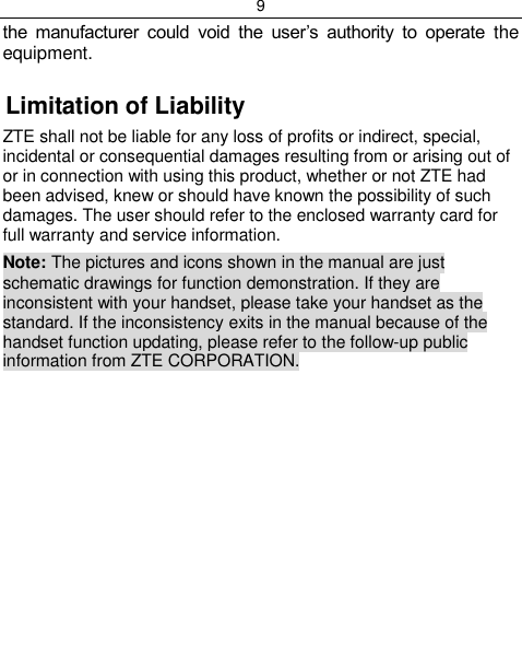 9  the  manufacturer  could  void  the  user‟s  authority  to  operate  the equipment.  Limitation of Liability ZTE shall not be liable for any loss of profits or indirect, special, incidental or consequential damages resulting from or arising out of or in connection with using this product, whether or not ZTE had been advised, knew or should have known the possibility of such damages. The user should refer to the enclosed warranty card for full warranty and service information. Note: The pictures and icons shown in the manual are just schematic drawings for function demonstration. If they are inconsistent with your handset, please take your handset as the standard. If the inconsistency exits in the manual because of the handset function updating, please refer to the follow-up public information from ZTE CORPORATION.      