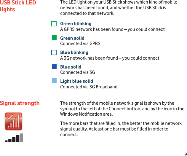 9USB Stick LED lightsSignal strengthThe LED light on your USB Stick shows which kind of mobile network has been found, and whether the USB Stick is connected to that network.Green blinkingA GPRS network has been found – you could connectGreen solidConnected via GPRS Blue blinkingA 3G network has been found – you could connectBlue solidConnected via 3GLight blue solidConnected via 3G Broadband.The strength of the mobile network signal is shown by the symbol to the left of the Connect button, and by the icon in the Windows Notiﬁ cation area. The more bars that are ﬁ lled in, the better the mobile network signal quality. At least one bar must be ﬁ lled in order to connect.