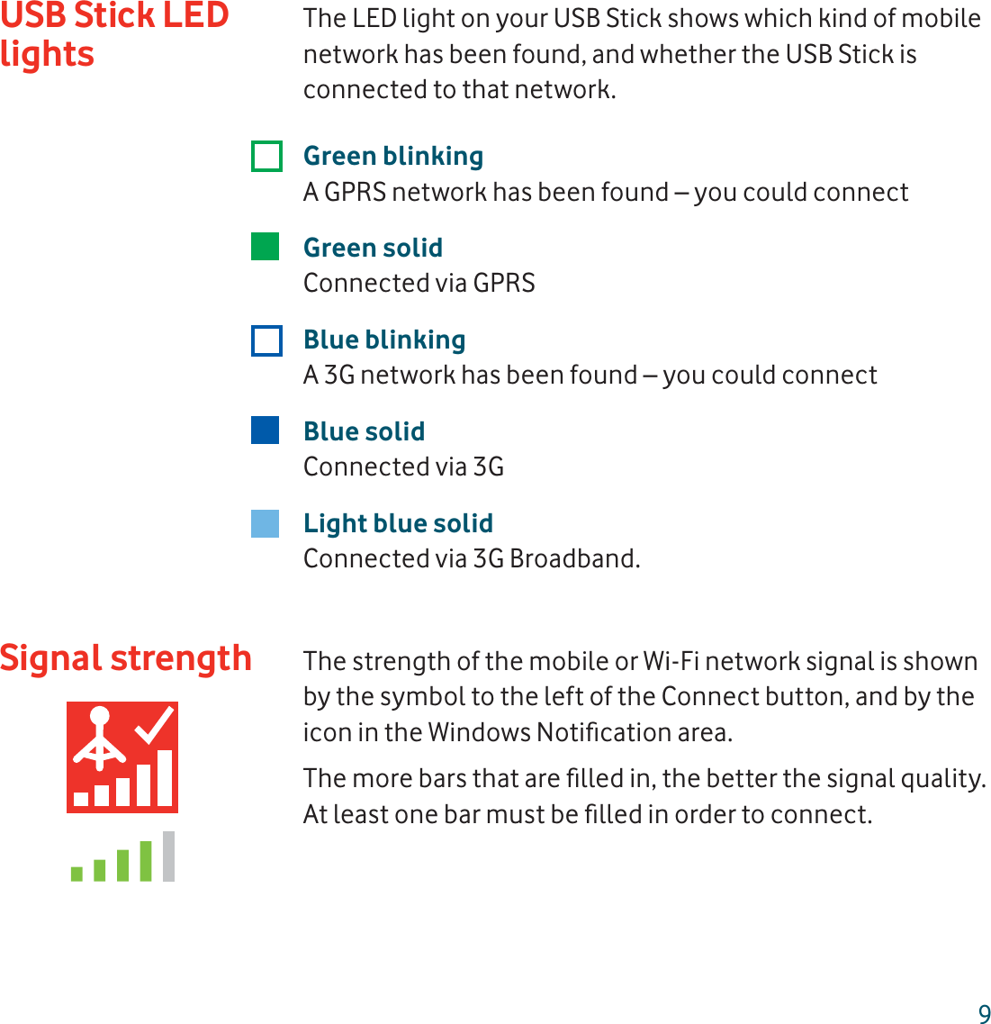 9Signal strengthThe LED light on your USB Stick shows which kind of mobile network has been found, and whether the USB Stick is connected to that network.Green blinkingA GPRS network has been found – you could connectGreen solidConnected via GPRS Blue blinkingA 3G network has been found – you could connectBlue solidConnected via 3GLight blue solidConnected via 3G Broadband.The strength of the mobile or Wi-Fi network signal is shown by the symbol to the left of the Connect button, and by the icon in the Windows Notiﬁ cation area. The more bars that are ﬁ lled in, the better the signal quality. At least one bar must be ﬁ lled in order to connect.USB Stick LED lights