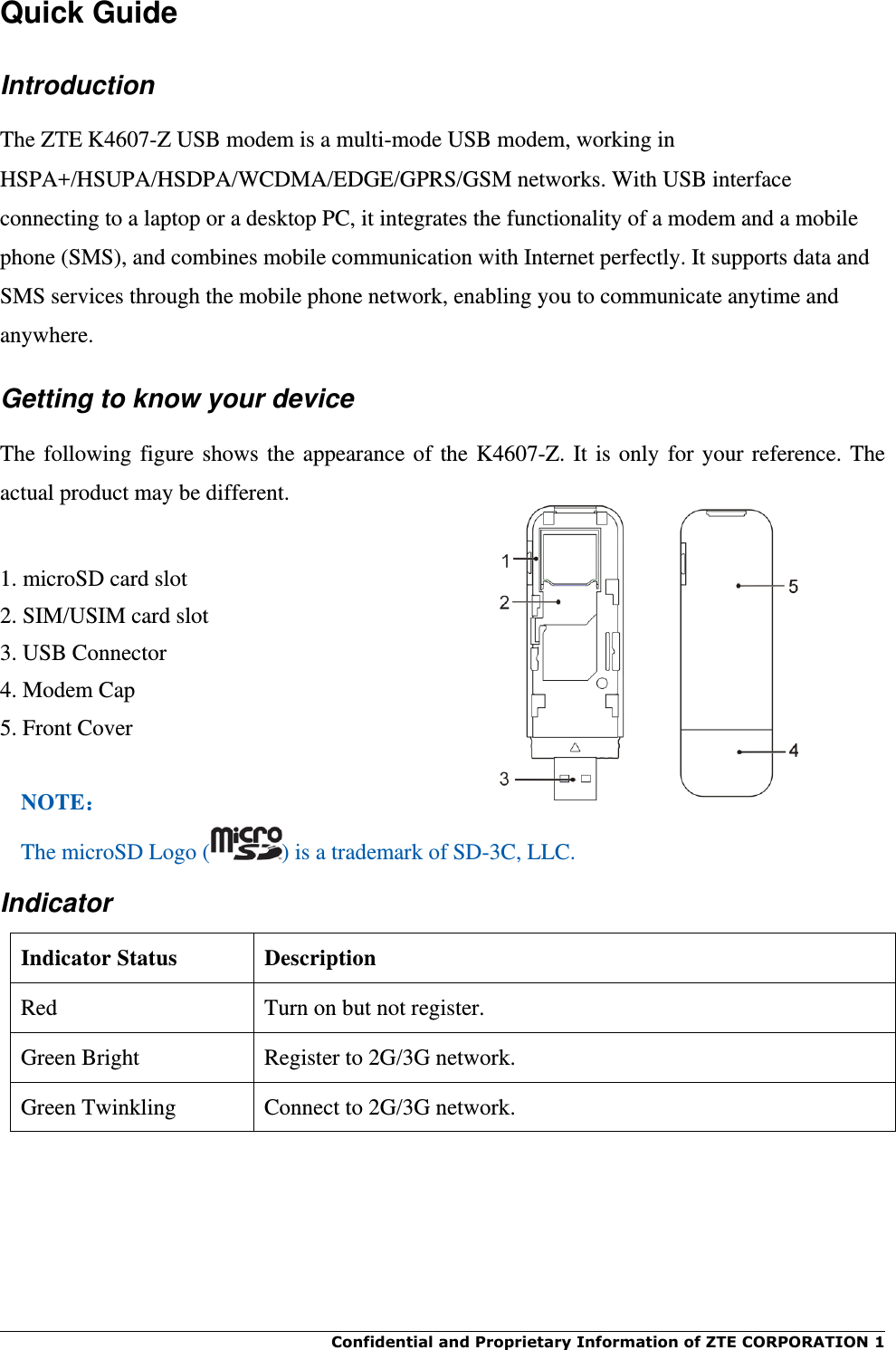  Confidential and Proprietary Information of ZTE CORPORATION 1    Quick Guide Introduction The ZTE K4607-Z USB modem is a multi-mode USB modem, working in HSPA+/HSUPA/HSDPA/WCDMA/EDGE/GPRS/GSM networks. With USB interface connecting to a laptop or a desktop PC, it integrates the functionality of a modem and a mobile phone (SMS), and combines mobile communication with Internet perfectly. It supports data and SMS services through the mobile phone network, enabling you to communicate anytime and anywhere. Getting to know your device The following figure shows the appearance of the K4607-Z. It is only for your reference. The actual product may be different.  1. microSD card slot 2. SIM/USIM card slot  3. USB Connector   4. Modem Cap 5. Front Cover  NOTE： The microSD Logo ( ) is a trademark of SD-3C, LLC. Indicator Indicator Status Description Red Turn on but not register. Green Bright Register to 2G/3G network. Green Twinkling Connect to 2G/3G network.    
