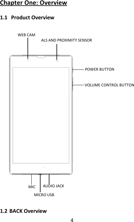 4 Chapter One: Overview 1.1 Product Overview             1.2 BACK Overview POWER BUTTON   VOLUME CONTROL BUTTON     MIC MICRO USB AUDIO JACK WEB CAM   ALS AND PROXIMITY SENSOR 