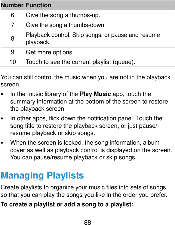  88 Number Function 6  Give the song a thumbs-up. 7  Give the song a thumbs-down. 8  Playback control. Skip songs, or pause and resume playback.   9  Get more options. 10  Touch to see the current playlist (queue). You can still control the music when you are not in the playback screen. • In the music library of the Play Music app, touch the summary information at the bottom of the screen to restore the playback screen. • In other apps, flick down the notification panel. Touch the song title to restore the playback screen, or just pause/ resume playback or skip songs. • When the screen is locked, the song information, album cover as well as playback control is displayed on the screen. You can pause/resume playback or skip songs. Managing Playlists Create playlists to organize your music files into sets of songs, so that you can play the songs you like in the order you prefer. To create a playlist or add a song to a playlist: 