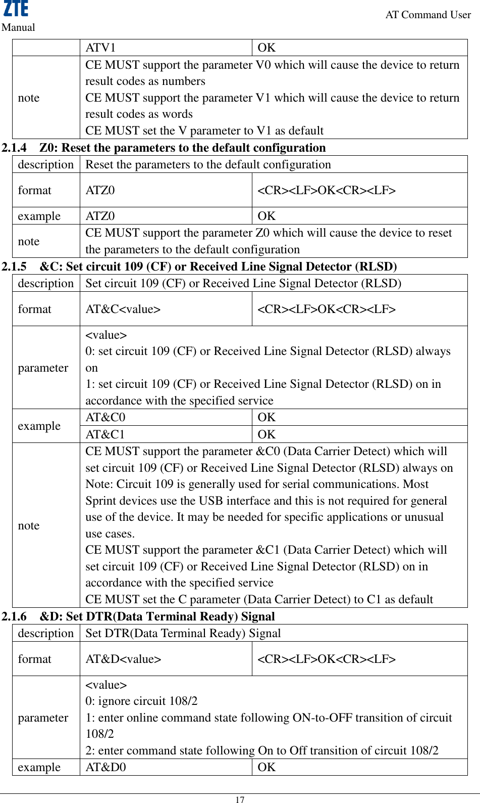                                                                     AT Command User Manual 17 ATV1 OK note CE MUST support the parameter V0 which will cause the device to return result codes as numbers CE MUST support the parameter V1 which will cause the device to return result codes as words   CE MUST set the V parameter to V1 as default 2.1.4 Z0: Reset the parameters to the default configuration description Reset the parameters to the default configuration format ATZ0 &lt;CR&gt;&lt;LF&gt;OK&lt;CR&gt;&lt;LF&gt; example ATZ0 OK note CE MUST support the parameter Z0 which will cause the device to reset the parameters to the default configuration 2.1.5 &amp;C: Set circuit 109 (CF) or Received Line Signal Detector (RLSD) description Set circuit 109 (CF) or Received Line Signal Detector (RLSD) format AT&amp;C&lt;value&gt; &lt;CR&gt;&lt;LF&gt;OK&lt;CR&gt;&lt;LF&gt; parameter &lt;value&gt; 0: set circuit 109 (CF) or Received Line Signal Detector (RLSD) always on   1: set circuit 109 (CF) or Received Line Signal Detector (RLSD) on in accordance with the specified service example AT&amp;C0 OK AT&amp;C1 OK note CE MUST support the parameter &amp;C0 (Data Carrier Detect) which will set circuit 109 (CF) or Received Line Signal Detector (RLSD) always on   Note: Circuit 109 is generally used for serial communications. Most Sprint devices use the USB interface and this is not required for general use of the device. It may be needed for specific applications or unusual use cases. CE MUST support the parameter &amp;C1 (Data Carrier Detect) which will set circuit 109 (CF) or Received Line Signal Detector (RLSD) on in accordance with the specified service   CE MUST set the C parameter (Data Carrier Detect) to C1 as default 2.1.6 &amp;D: Set DTR(Data Terminal Ready) Signal description Set DTR(Data Terminal Ready) Signal format AT&amp;D&lt;value&gt; &lt;CR&gt;&lt;LF&gt;OK&lt;CR&gt;&lt;LF&gt; parameter &lt;value&gt; 0: ignore circuit 108/2   1: enter online command state following ON-to-OFF transition of circuit 108/2   2: enter command state following On to Off transition of circuit 108/2 example AT&amp;D0 OK 