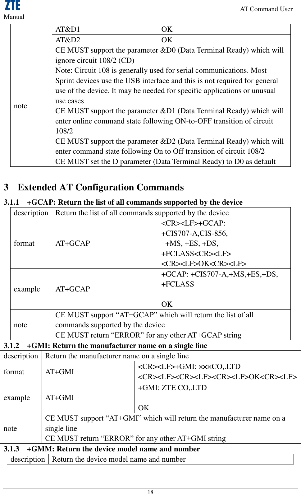                                                                     AT Command User Manual 18 AT&amp;D1 OK AT&amp;D2 OK note CE MUST support the parameter &amp;D0 (Data Terminal Ready) which will ignore circuit 108/2 (CD)   Note: Circuit 108 is generally used for serial communications. Most Sprint devices use the USB interface and this is not required for general use of the device. It may be needed for specific applications or unusual use cases CE MUST support the parameter &amp;D1 (Data Terminal Ready) which will enter online command state following ON-to-OFF transition of circuit 108/2   CE MUST support the parameter &amp;D2 (Data Terminal Ready) which will enter command state following On to Off transition of circuit 108/2   CE MUST set the D parameter (Data Terminal Ready) to D0 as default  3 Extended AT Configuration Commands 3.1.1 +GCAP: Return the list of all commands supported by the device description Return the list of all commands supported by the device format AT+GCAP &lt;CR&gt;&lt;LF&gt;+GCAP: +CIS707-A,CIS-856,   +MS, +ES, +DS, +FCLASS&lt;CR&gt;&lt;LF&gt; &lt;CR&gt;&lt;LF&gt;OK&lt;CR&gt;&lt;LF&gt; example AT+GCAP +GCAP: +CIS707-A,+MS,+ES,+DS, +FCLASS  OK note CE MUST support “AT+GCAP” which will return the list of all commands supported by the device   CE MUST return “ERROR” for any other AT+GCAP string 3.1.2 +GMI: Return the manufacturer name on a single line description Return the manufacturer name on a single line format AT+GMI &lt;CR&gt;&lt;LF&gt;+GMI: ×××CO,.LTD &lt;CR&gt;&lt;LF&gt;&lt;CR&gt;&lt;LF&gt;&lt;CR&gt;&lt;LF&gt;OK&lt;CR&gt;&lt;LF&gt; example AT+GMI +GMI: ZTE CO,.LTD  OK note CE MUST support “AT+GMI” which will return the manufacturer name on a single line   CE MUST return “ERROR” for any other AT+GMI string 3.1.3 +GMM: Return the device model name and number description Return the device model name and number 